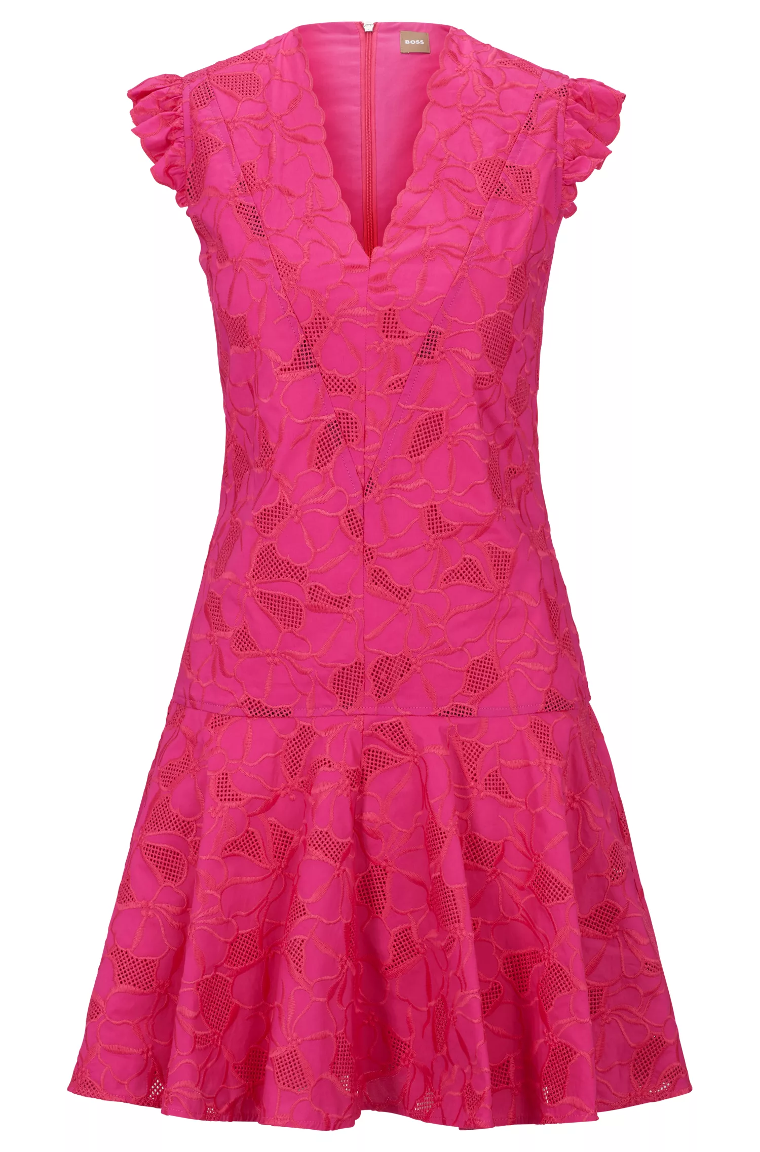 Vestido BOSS preto de algodão com renda e acabamento em vieira.