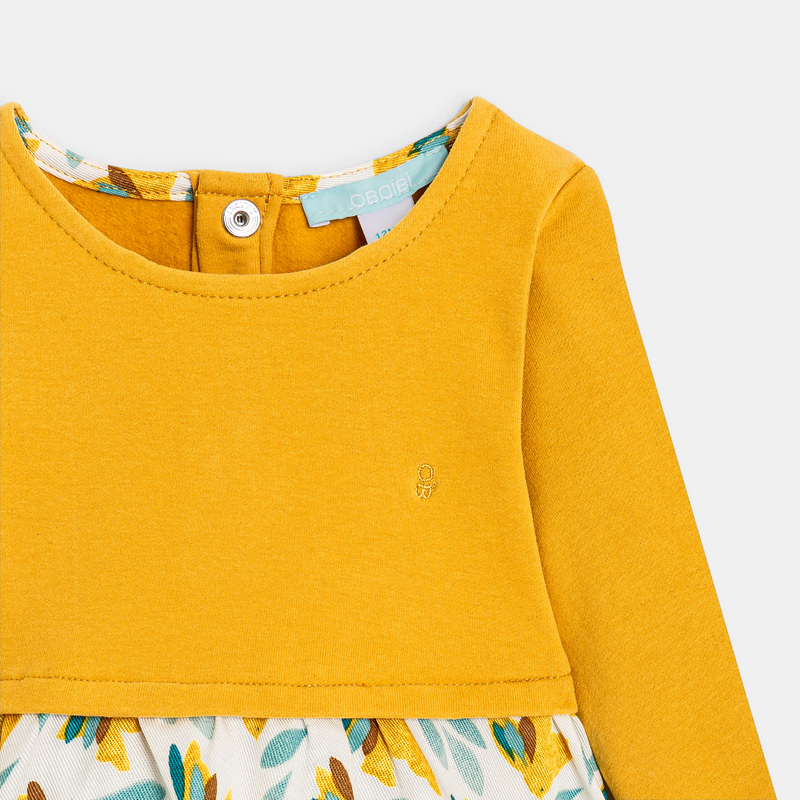 Robe bi-matière imprimée oiseaux jaune bébé fille