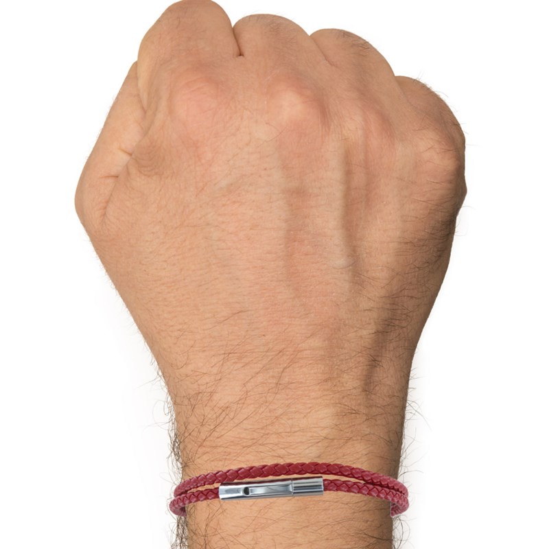 Bracelet Homme Double Tour Cuir Tréssé Rond pour Poignet 19cm - Rouge