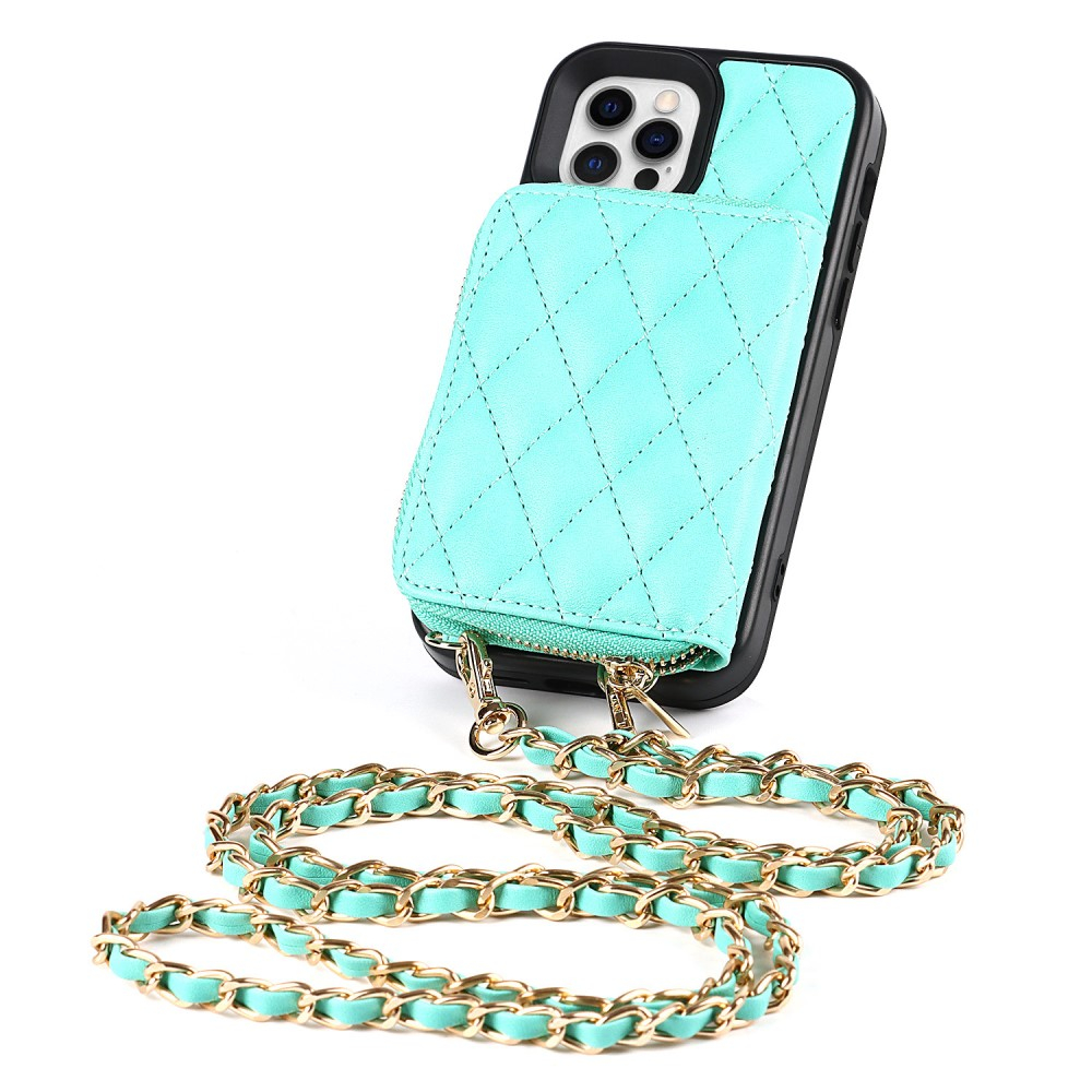 iPhone 12 / iPhone 12 Pro Necklace Leder Hülle mit Magnet Wallet Kreditkarten Münzfach   Handykette (140cm) - Türkis
