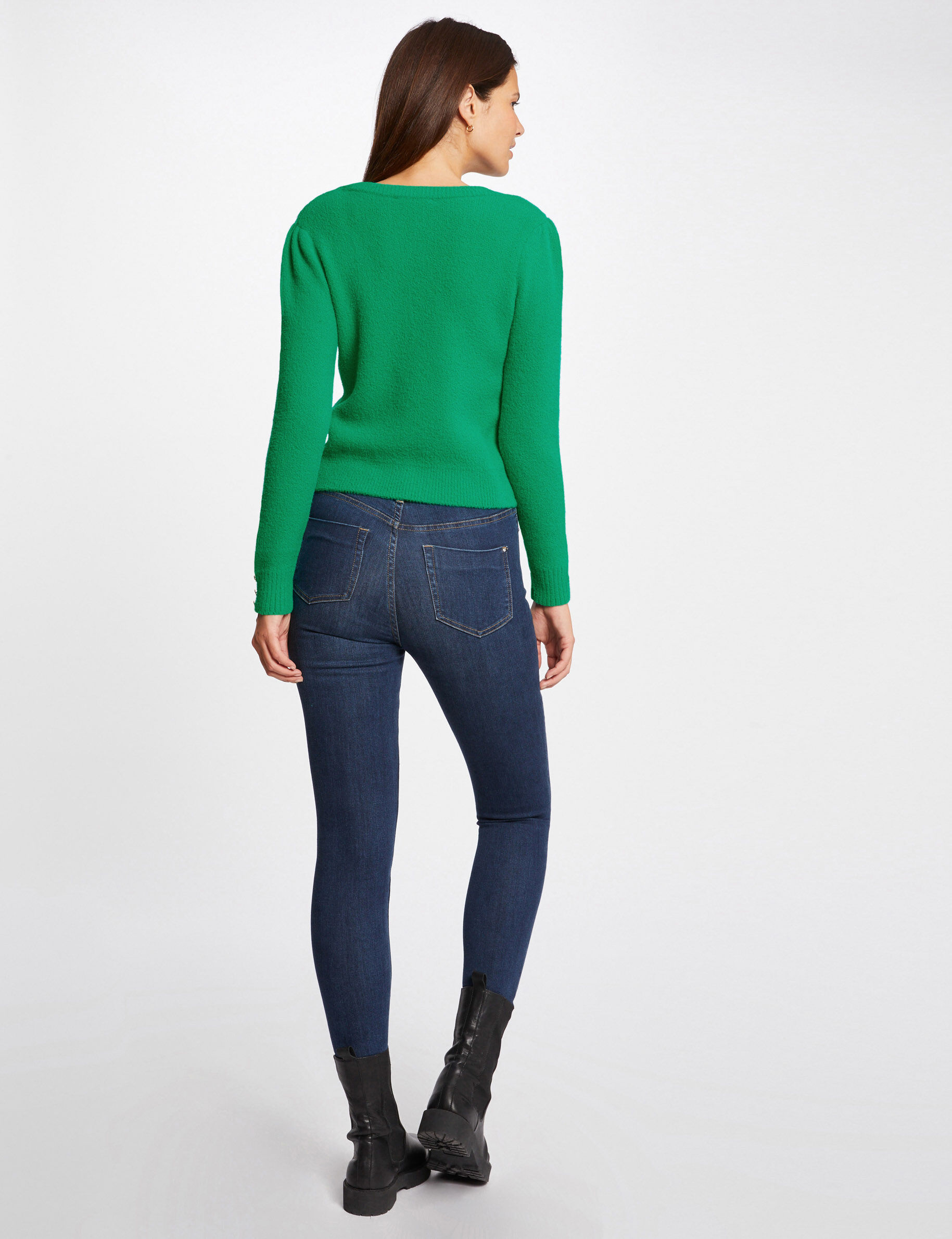 Pull manches longues avec col en V vert moyen femme - vert_moyen