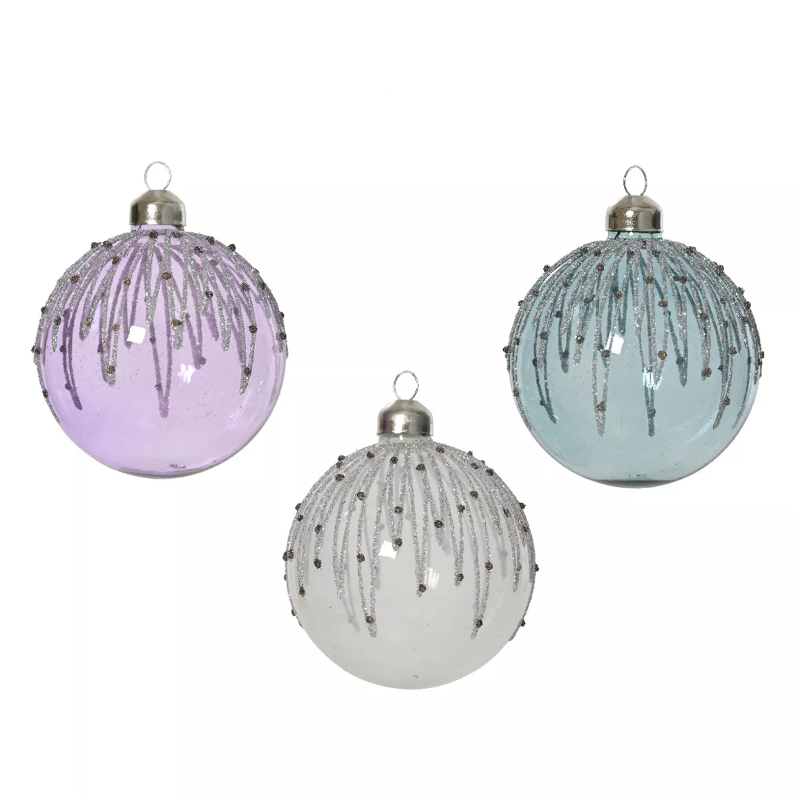 Lot de 12 boules de Noël en verre (D80 mm) Givrées Bleu glacé et lilas