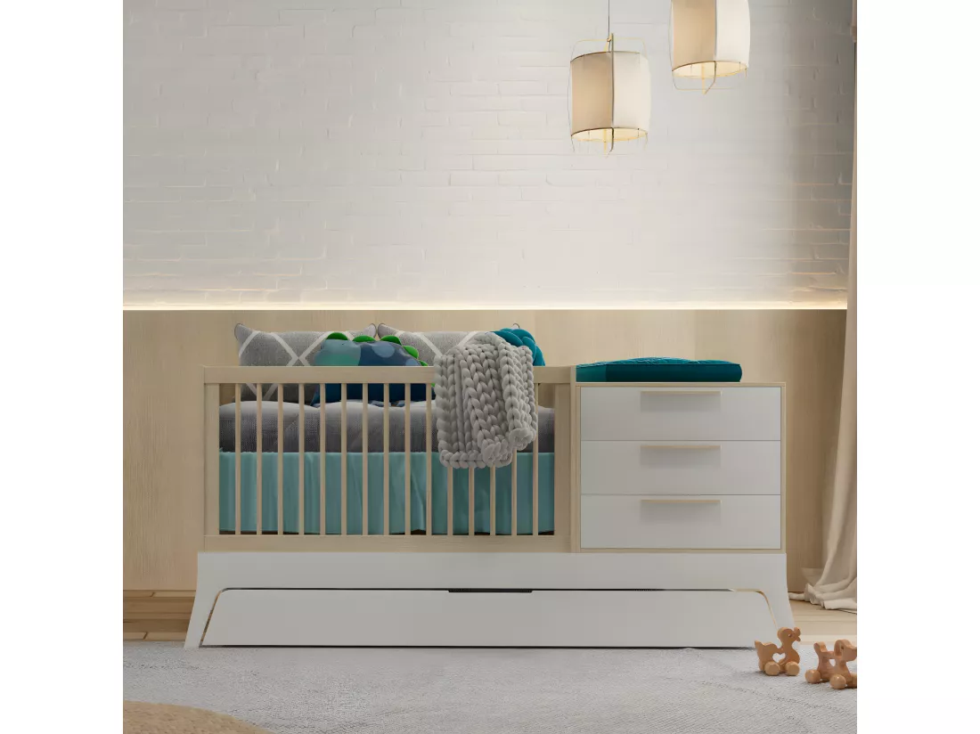 Pack lit bébé combiné et évolutif avec matelas 70x140 cm panneaux de fibres blanc et bois CHARLIE