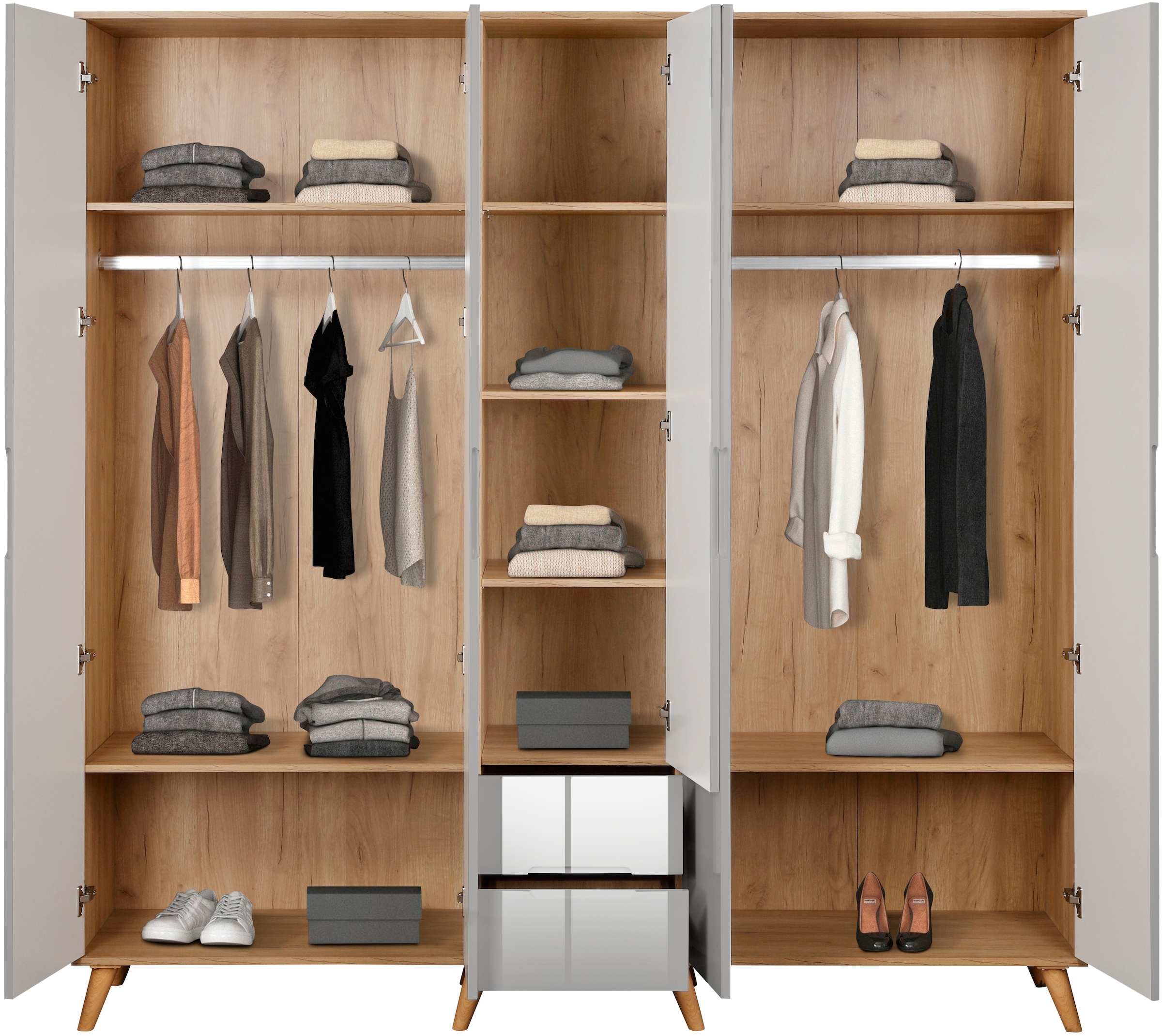 andas Kleiderschrank »Lund Schlafzimmerschrank Bestseller im skandinavischem Design« Garderobenschrank mit Premium Innenausstattung, Breite 200cm hochglanz