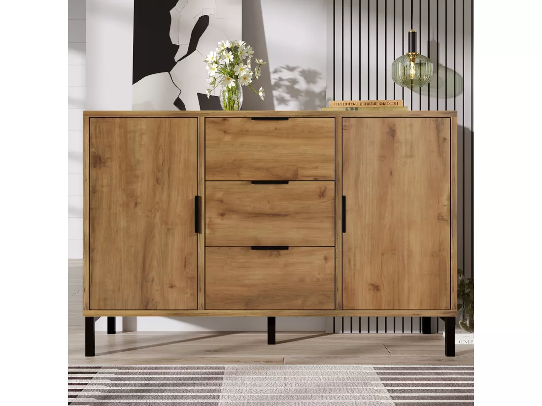 Buffet effet bois chêne foncé style industriel 2 portes 3 tiroirs 120x40x76cm OMNAERS