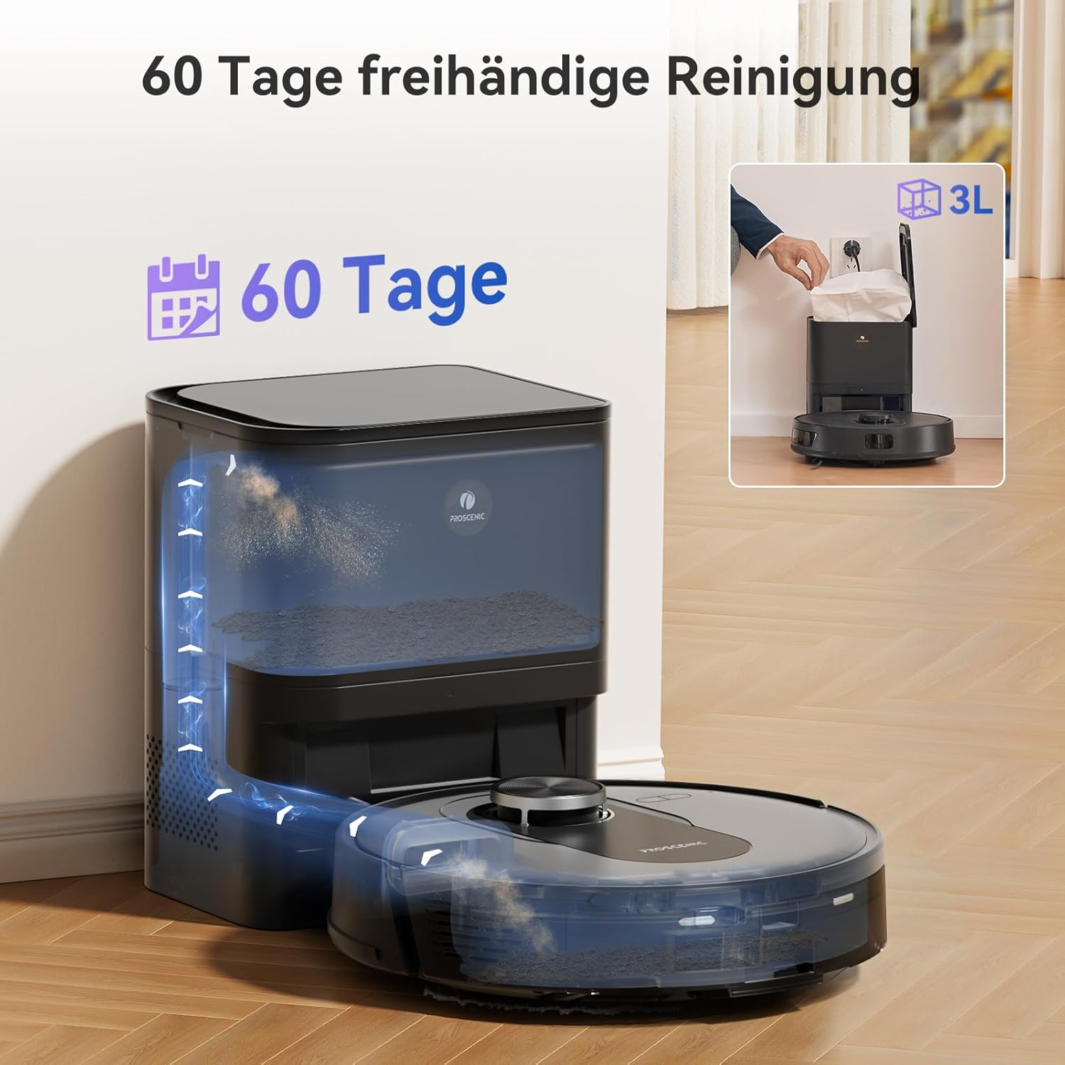 Proscenic Q8 Max Saugroboter mit Wischfunktion, 6000Pa 200min Staubsauger Roboter mit Absaugstation 3L Staubbeutel, Intelligentes Laser Navigation mit 5 Karten, Steuerung über APP Alexa Google Siri