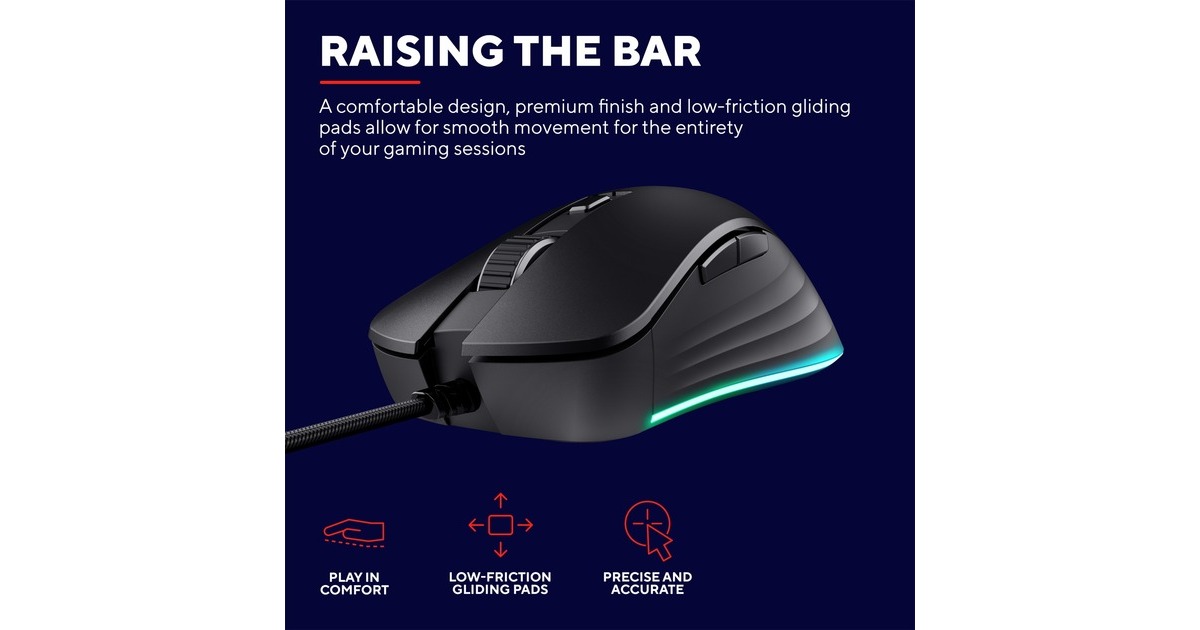 TrustGXT924 Ybar+ gaming muis met hoogwaardige prestaties  (Zwart, RGB, 25.600 dpi)