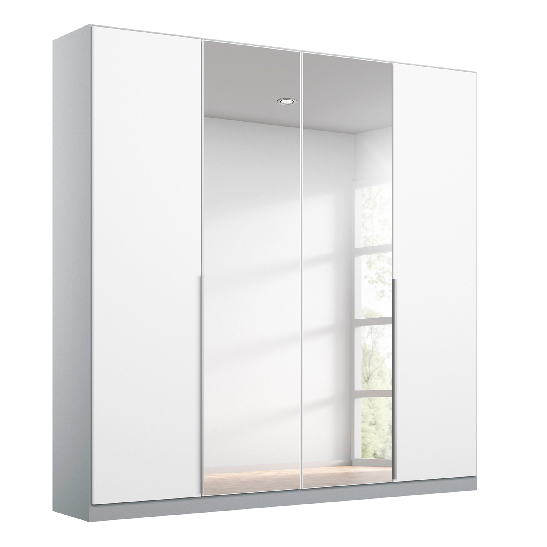Drehtürenschrank - alpinweiß-seidengrau - Kristallglasspiegel - 4-türig - 181x210 cm