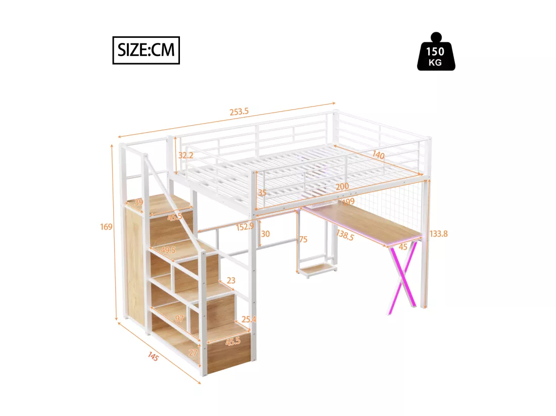 Lit mezzanine 140 x 200 cm avec bureau, penderie, étagères - Lumière d'ambiance - Métal - Blanc (sans matelas)