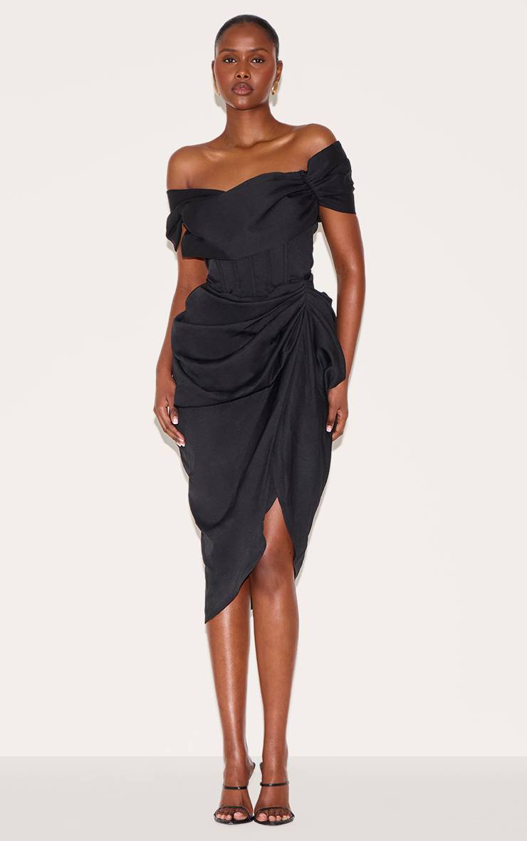 Noir Robe Mi-longue Drapée À Corset Bardot