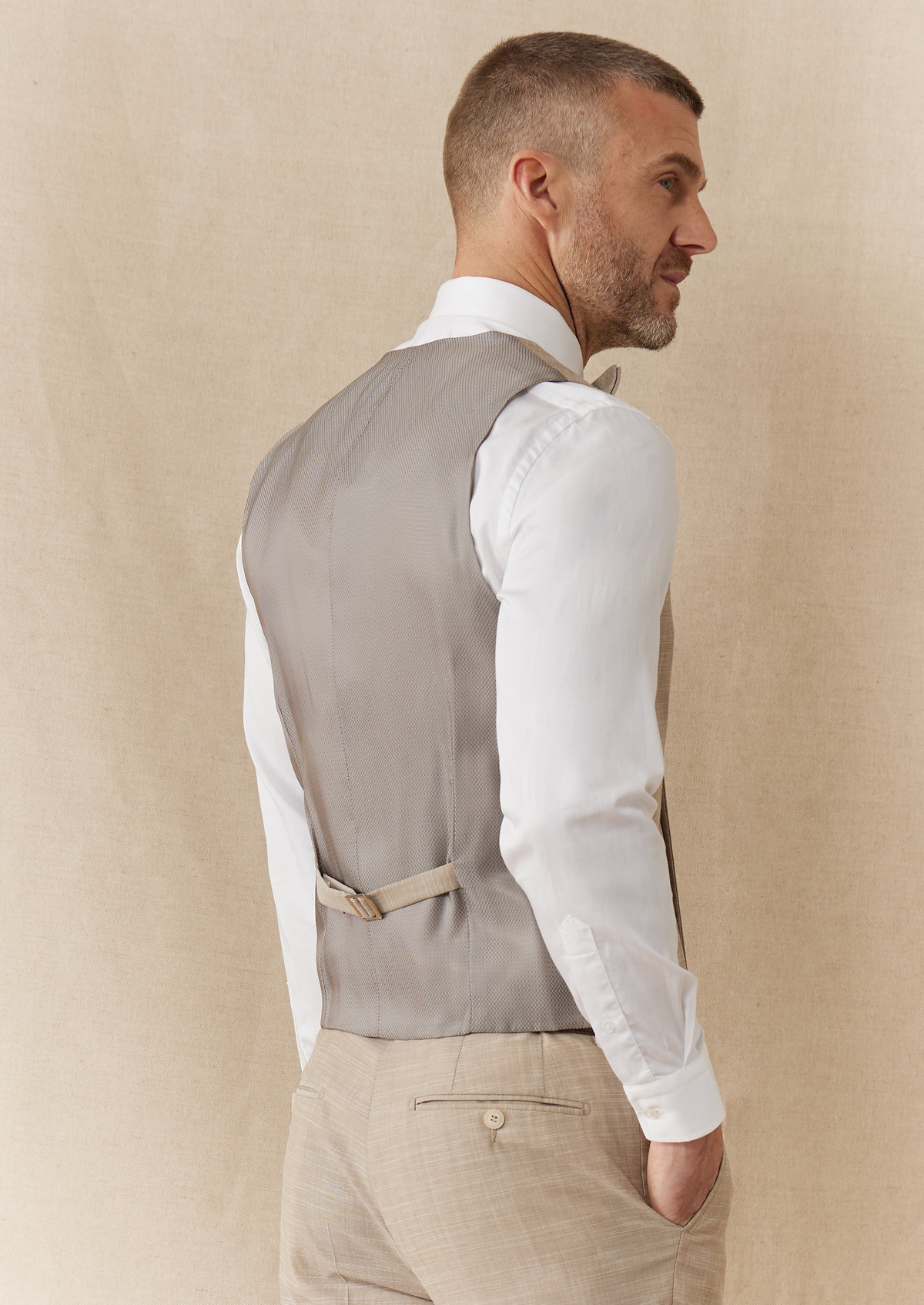 Gilet de costume en laine et coton stretch unis sable