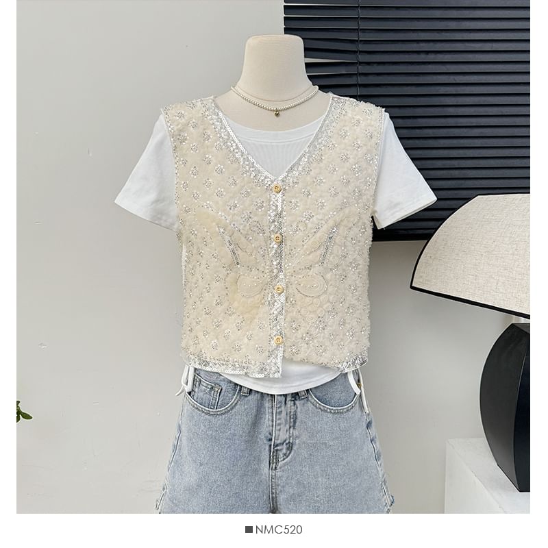 Lemongrass - Mesh vest met pailletten en knoopjes