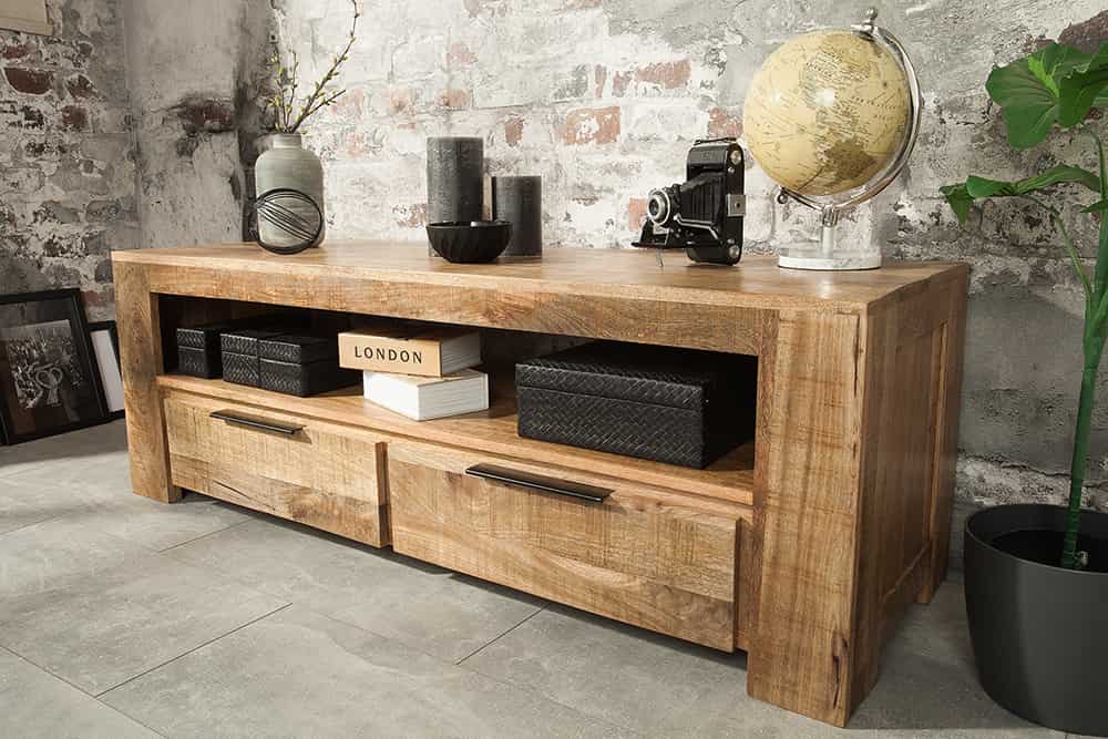 Massives TV-Board IRON CRAFT 130cm Mangoholz Lowboard 2 Schubladen