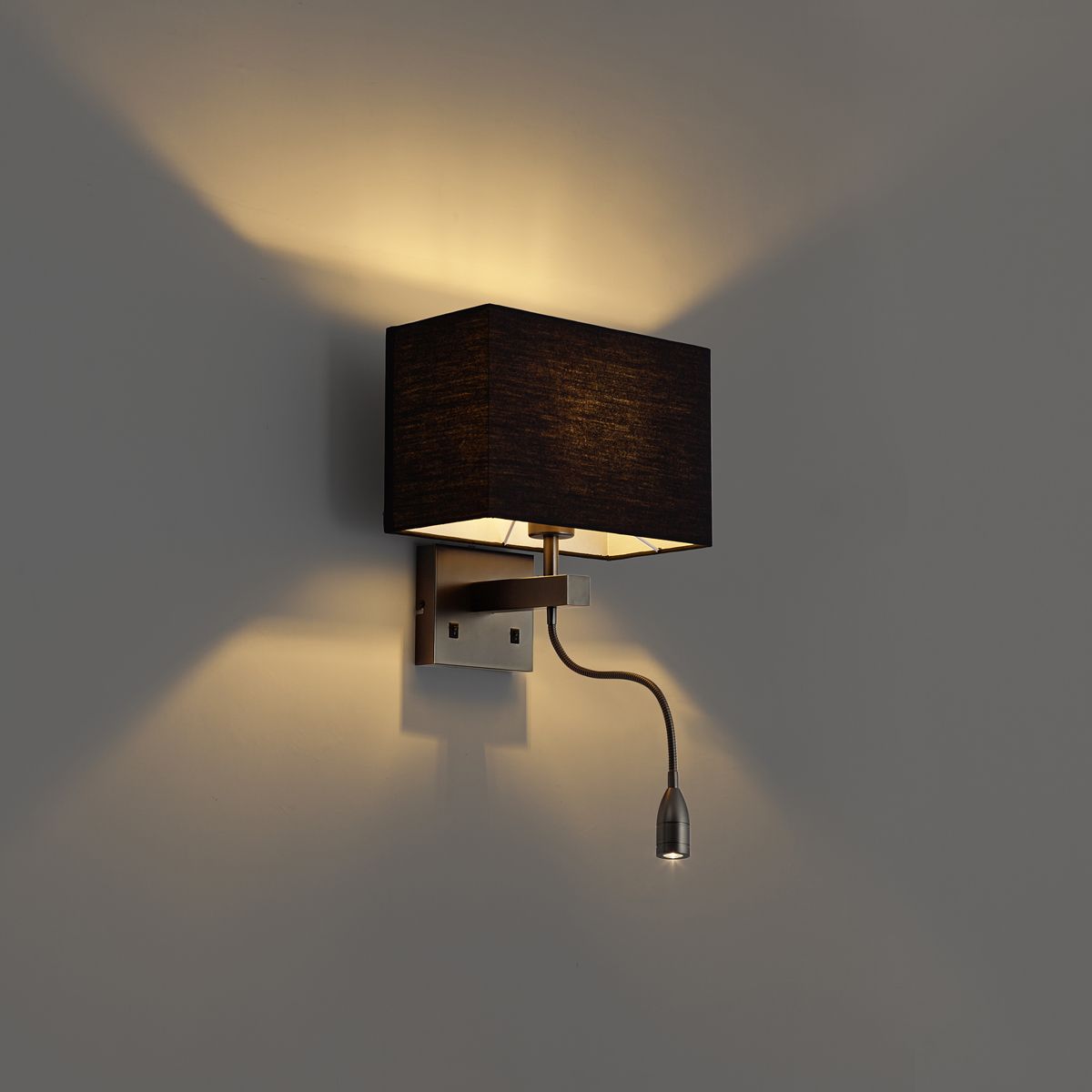 Moderne wandlamp gunmetal met zwarte kap en leesarm incl. LED - Bergamo