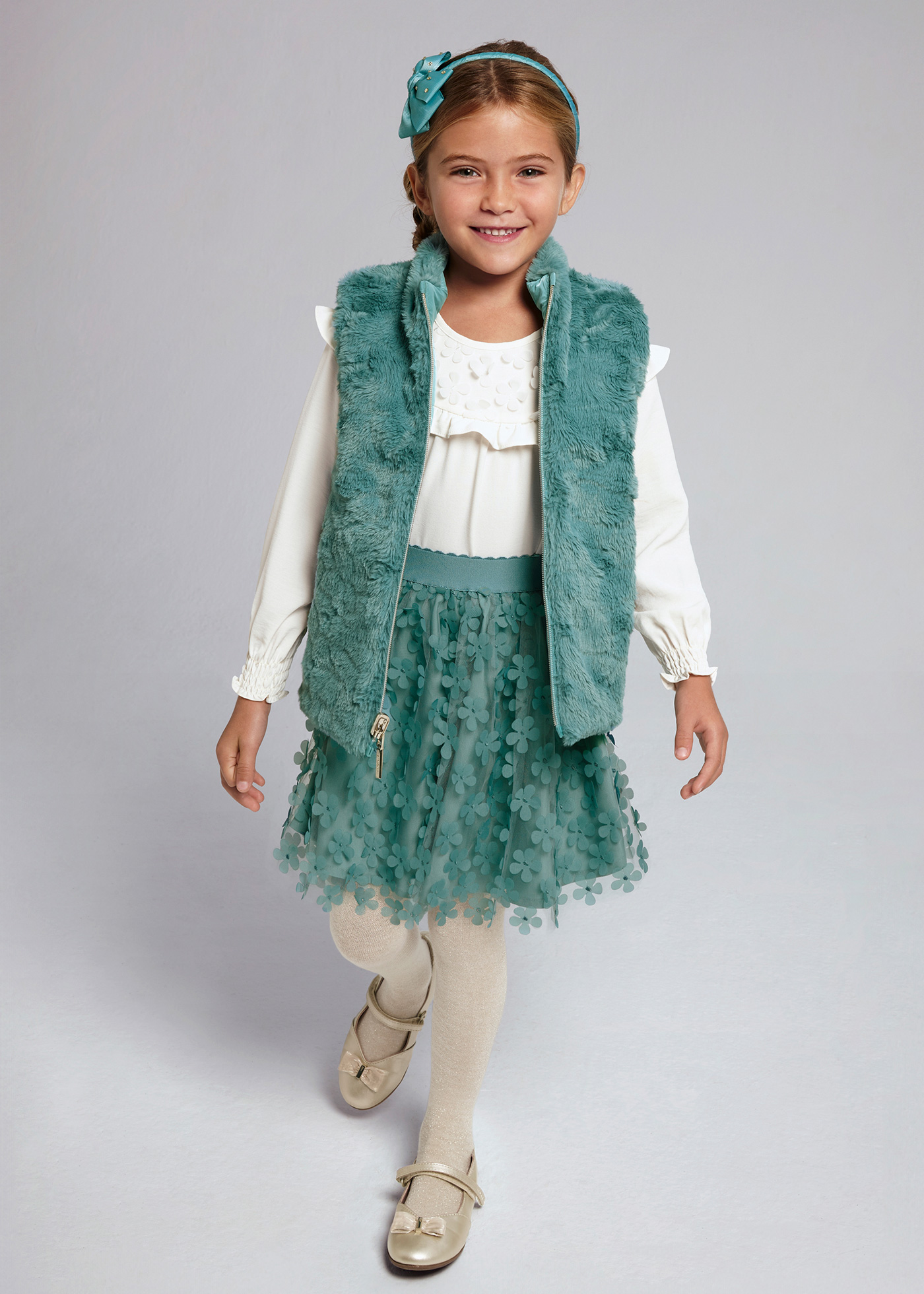 Saia de tricô floral para meninas, verde-água