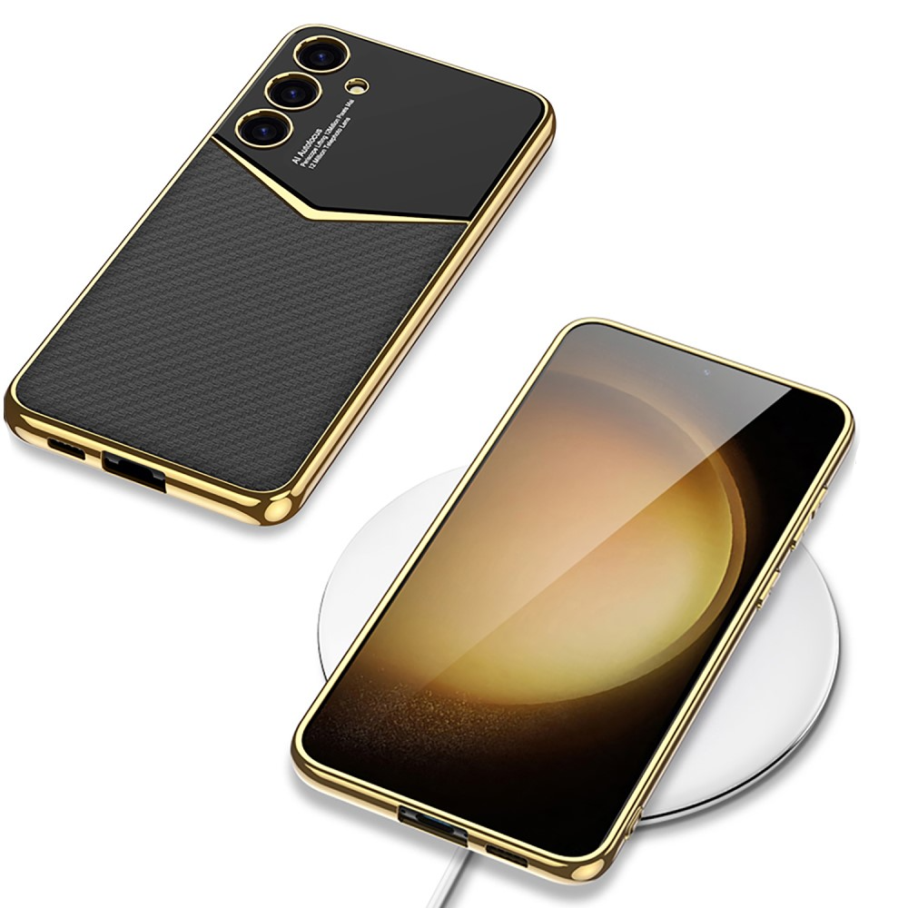 Samsung Galaxy S24 Leder Hardcase Hülle mit Galvanisiertem Rahmen   Kameraschutz - Gold / Lila