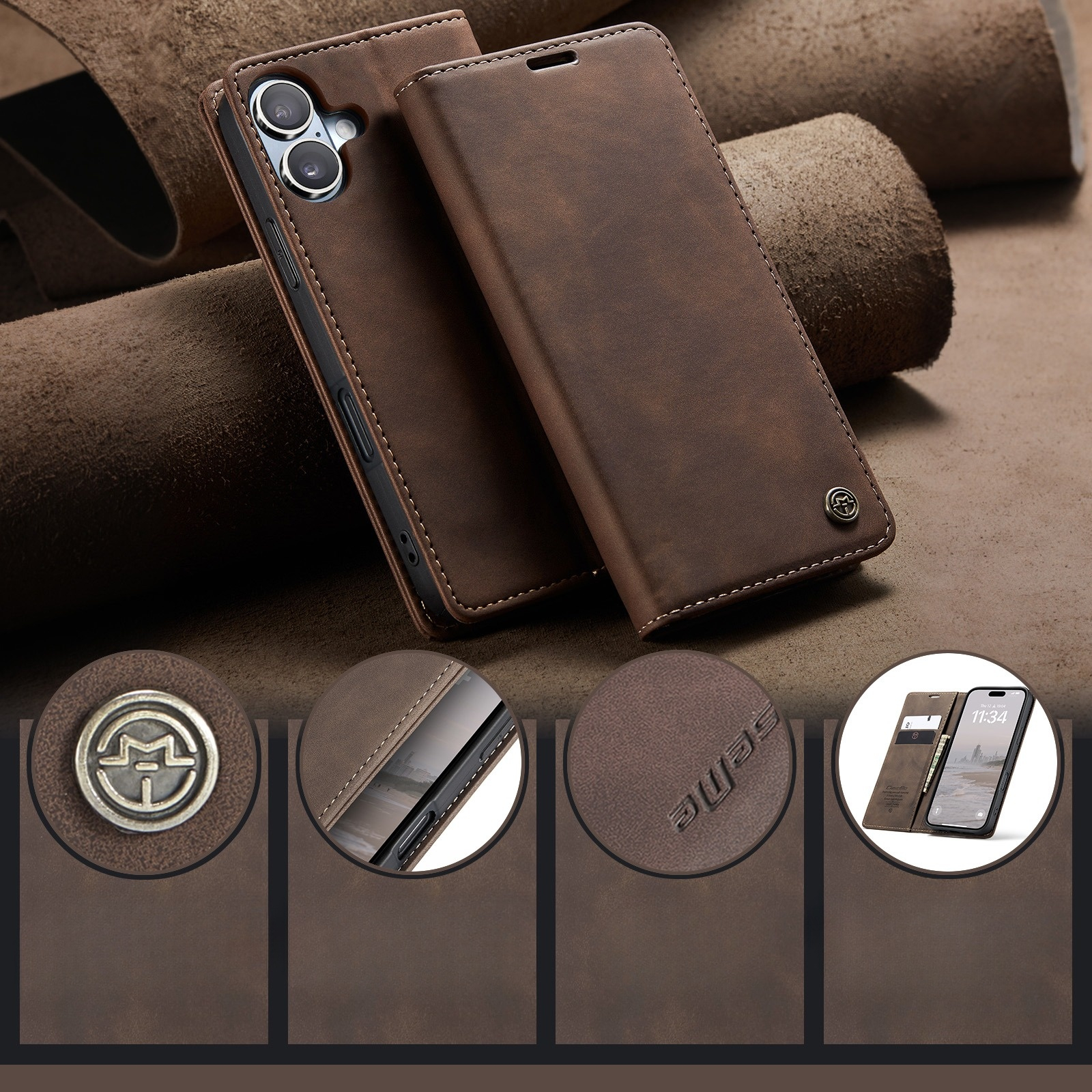 iPhone 17 Leder Tasche Flip Wallet Etui mit Kartenfächern - Braun