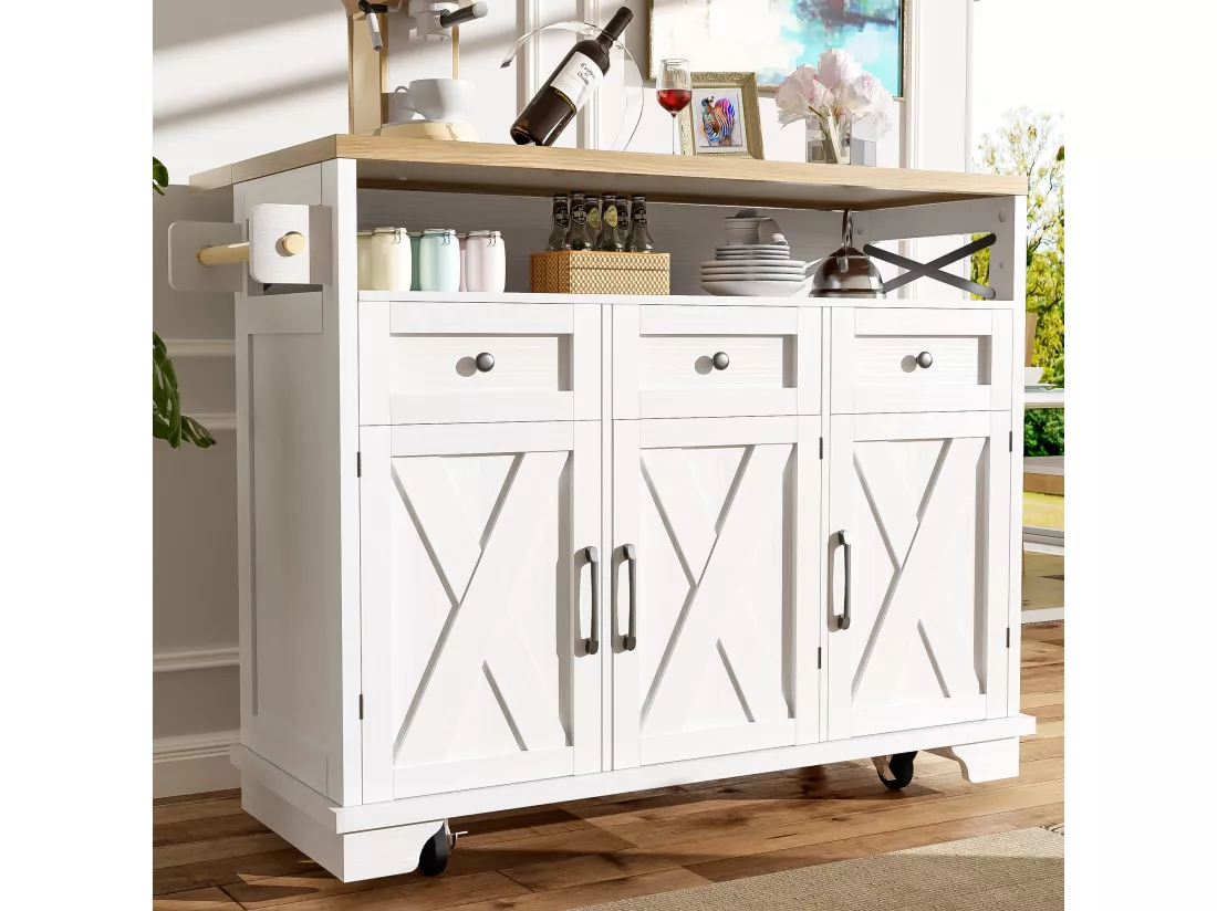 Ilot central de cuisine mobile avec 3 tiroirs, 3 portes et compartiment - 118 x 43/80 x 98 cm - MDF et métal - Blanc