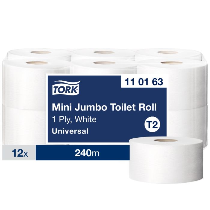 Tork 110163 T2 Toiletpapier jumbo mini Advanced 1laags wit 240 mtr x 10 cm pak à 12 rol (110163)