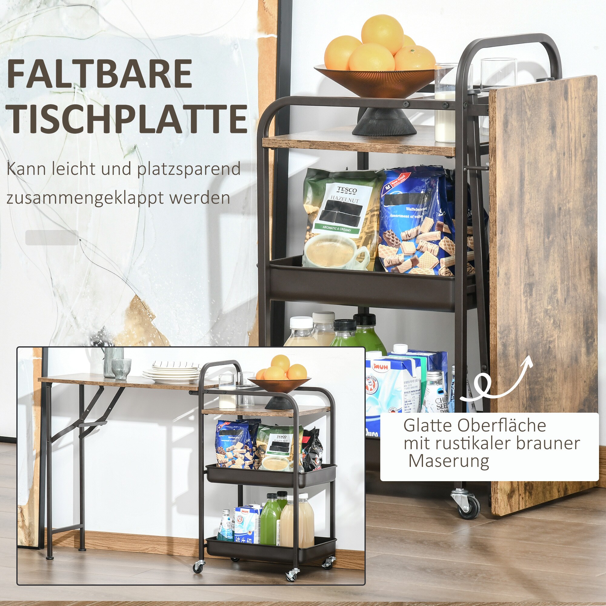 HOMCOM Servierwagen mit klappbarer Tischplatte rutikal-braun 118 x 36,5 x 82 cm (BxTxH)
