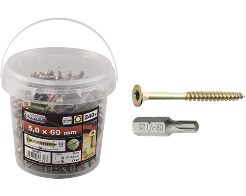 Universele verzonken schroef TX 5x60 mm geel verzinkt 240 stuks incl. bit