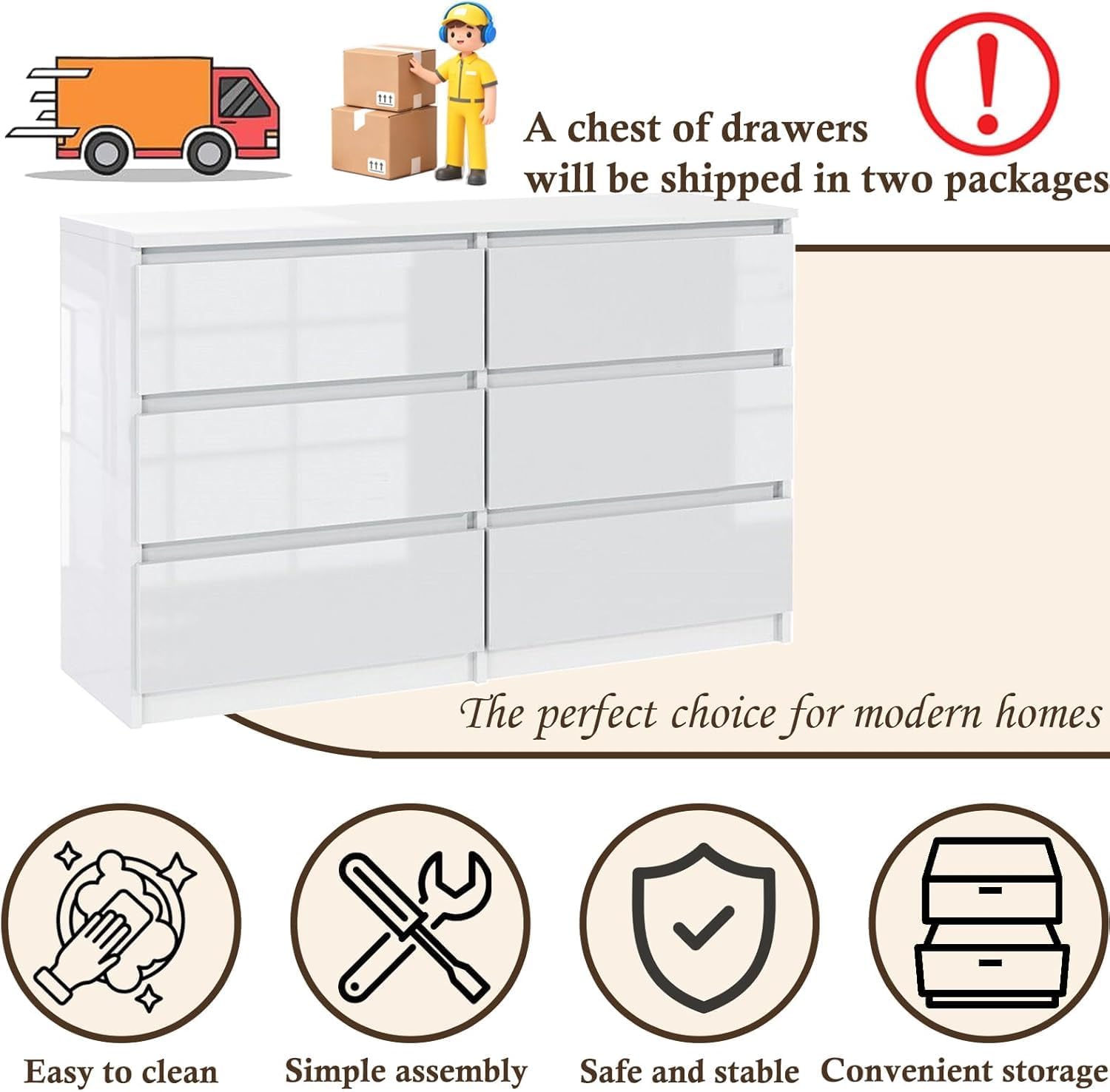 LSLIFE Weiße Schwarz Kommode mit 6/7/8 Schubladen Hochglanz Schlafzimmerschrank Nachttisch Sideboard Stauraum Möbel für Wohnzimmer Büro Flur (6 Schubladen weiß)