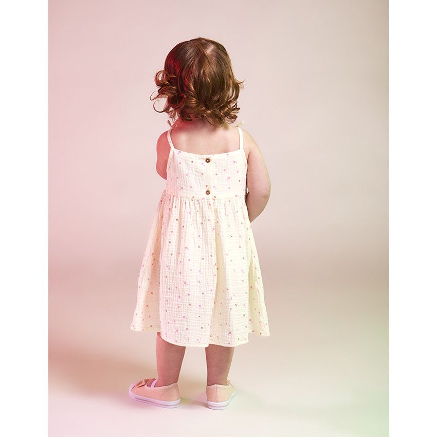 Robe à bretelles en gaze de coton imprimé fleurs pour bébé fille - Ecru