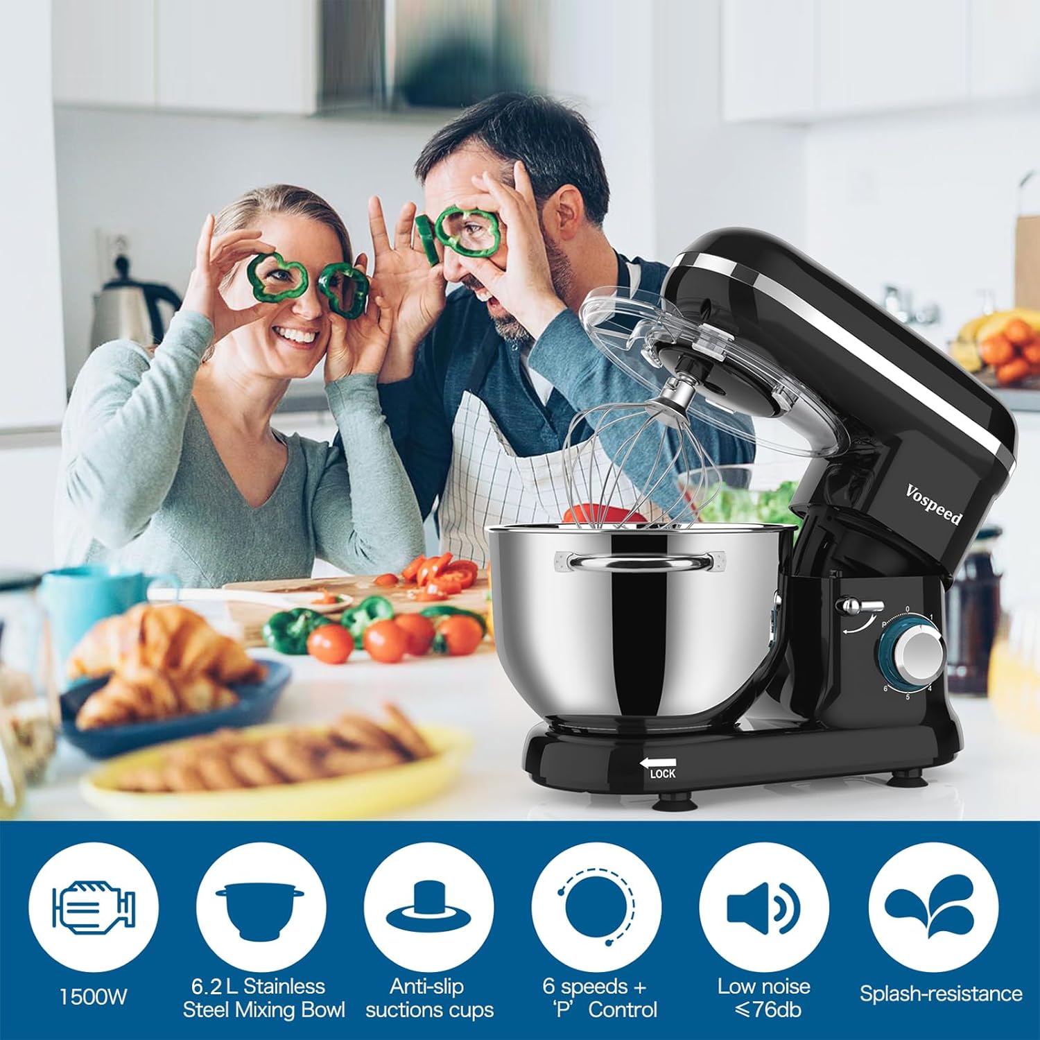 Vospeed Robot Patissier 1500W, 6QT Gateau Mélangeur lectrique Cuisine Avec Acier Inoxydable Bowl, Batteur, Crochet Pétrisseur, Fouet Pourcuisson, Lave-vaisselle (Noir)