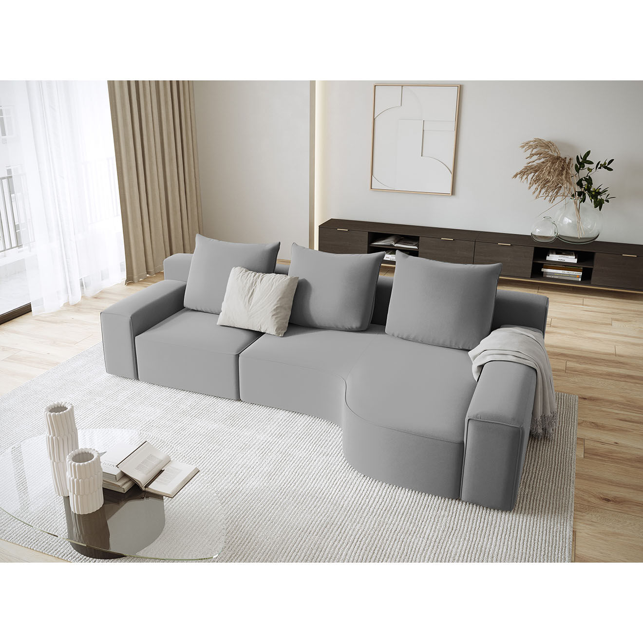 Mazzini Sofas Canapé d'angle Droit Velours Ivy 4 Places gris clair - 280x137x89 cm