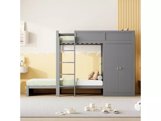 Lit superposé pour enfants 90*200 cm, avec marches de sécurité verticales, armoire, design high fence, gris