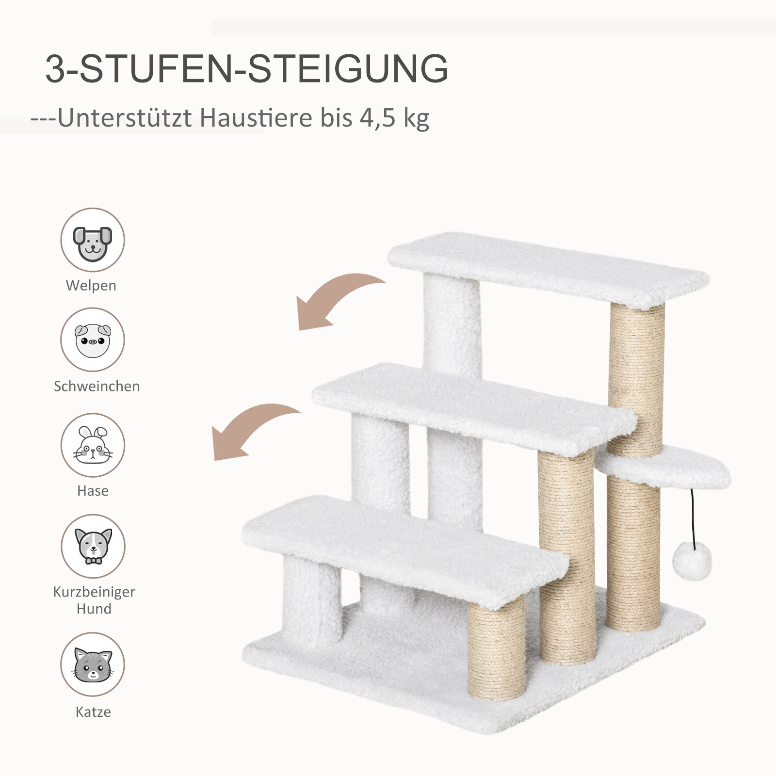 PawHut Haustiertreppe mit Ball weiß 45L x 40B x 48H cm