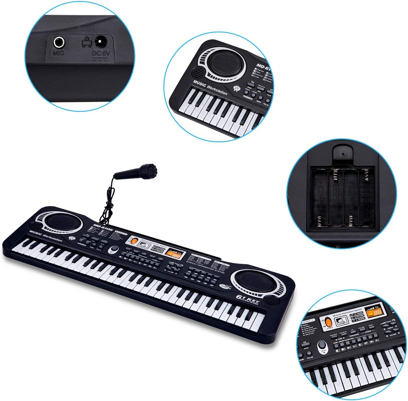 Kinder Keyboard Musik Spielzeug Piano mit 61 Tasten und 3.5mm Klinken Mikrofon - Schwarz