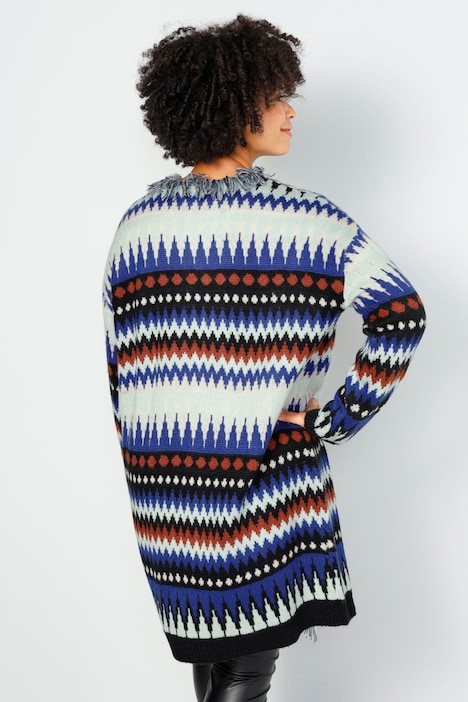 Long-Strickjacke, oversized, Zackenmuster, offene Form, Fransenkante