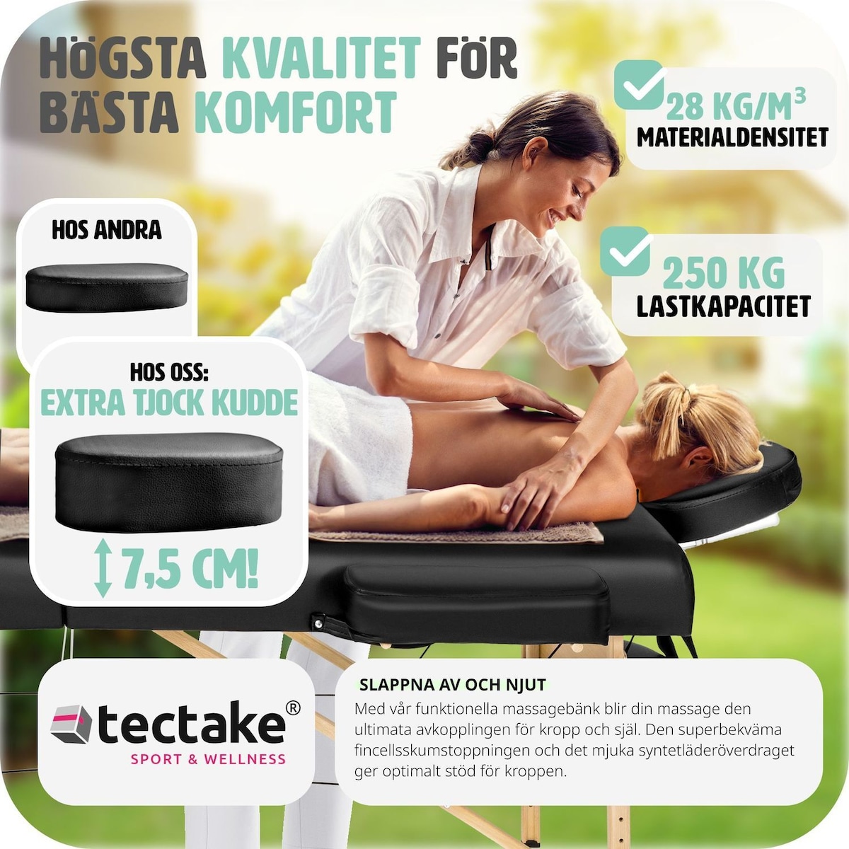 Massasjebenk 7,5cm polstring + ruller - svart