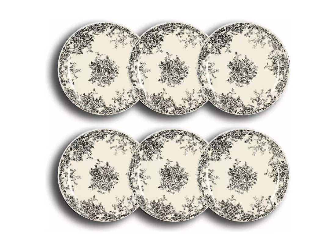 Novastyl - Lot 6 Assiettes Plates Florali 26cm En Gres Decor Noir