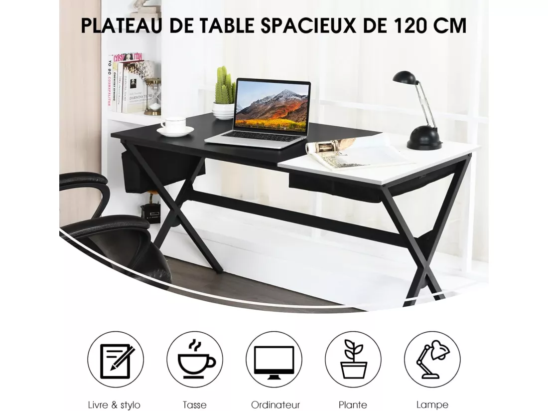 Bureau avec Plateau Blanc Rabattable 120 x 60 cm, Table d'Ordinateur avec Espace de Rangement Caché, Sac de Rangement Latéral, Postes de Travail pour Bureau, Chambre, Salon, Noir + Blanc