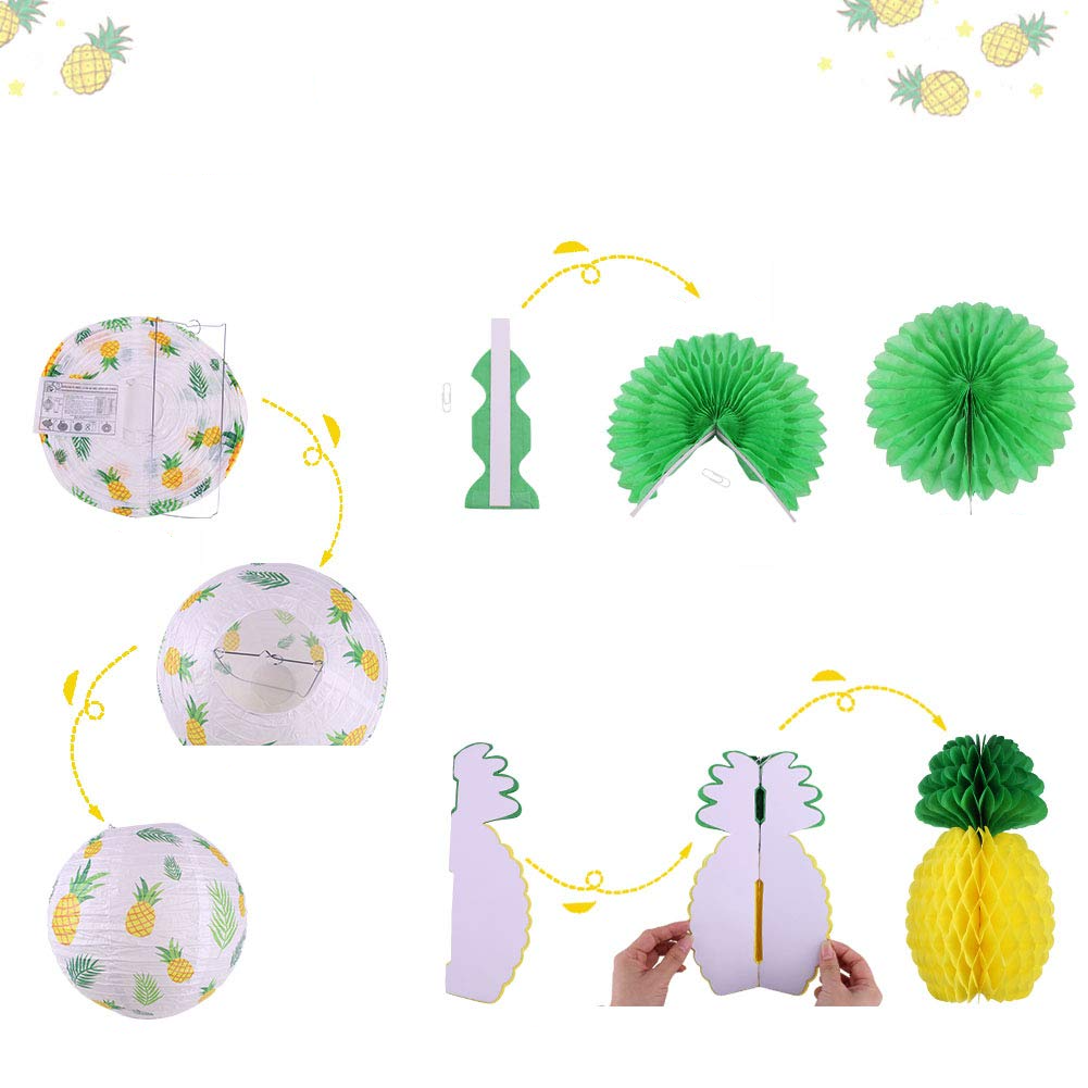 (10-tlg. Set) Ananas Sommer Party Accessoire Hawaii Lampions Deko Pompon's Rosetten - Gelb / Grün
