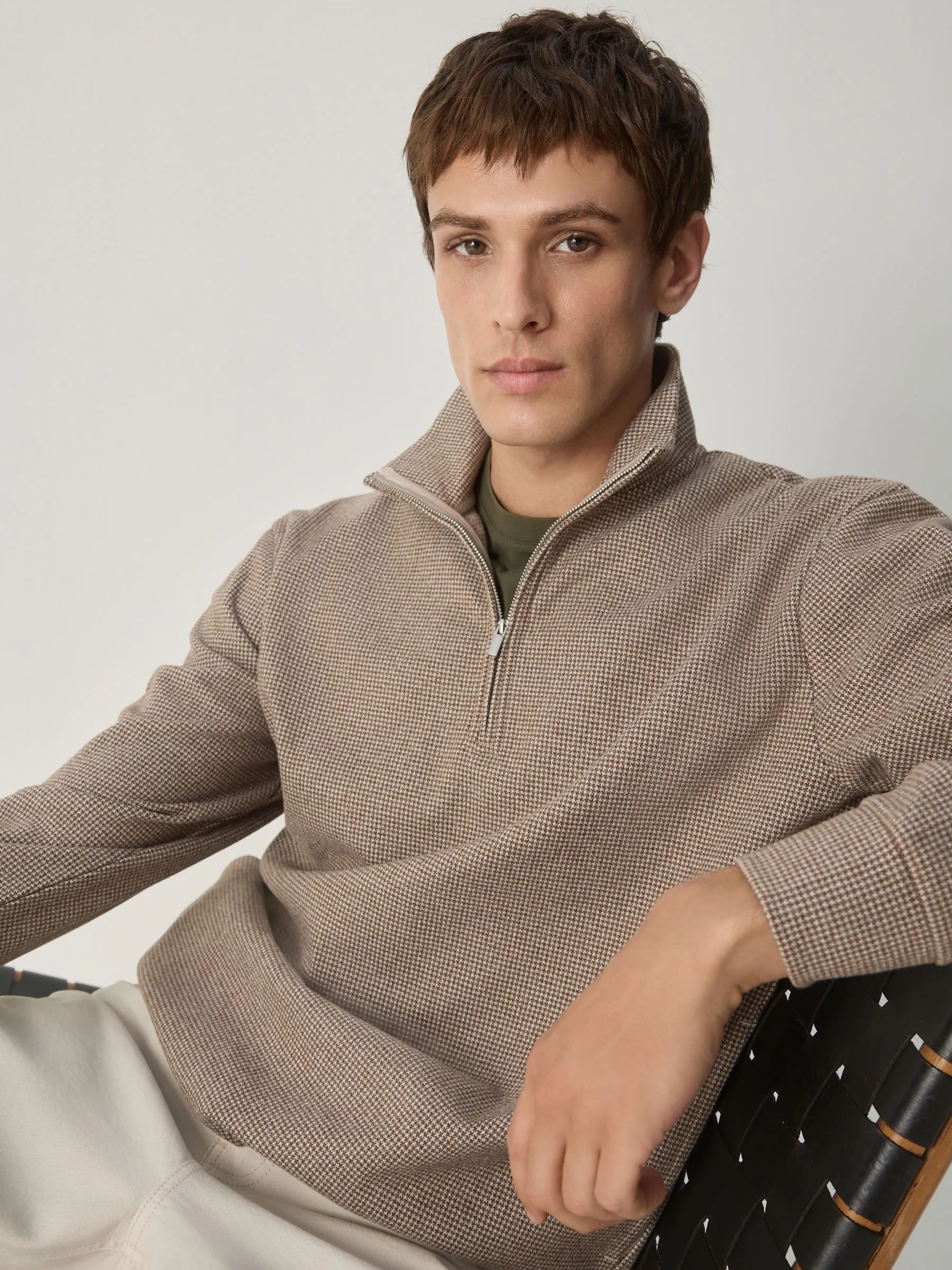 Neutral Brown Dogtooth - Long Sleeve Quarter Zip Jumper
