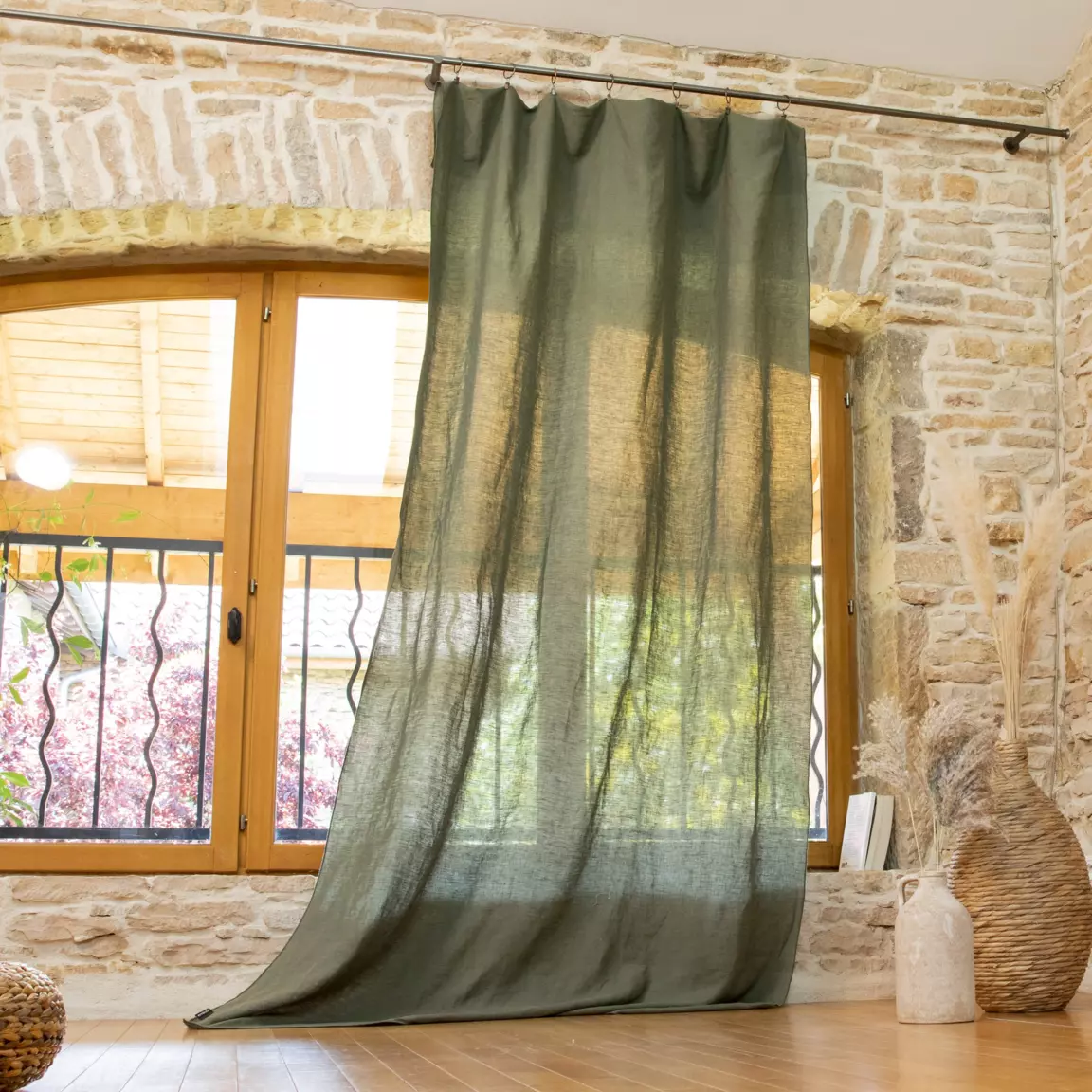Rideau lin lavé ajustable (140 x max 270 cm) Louise Vert romarin