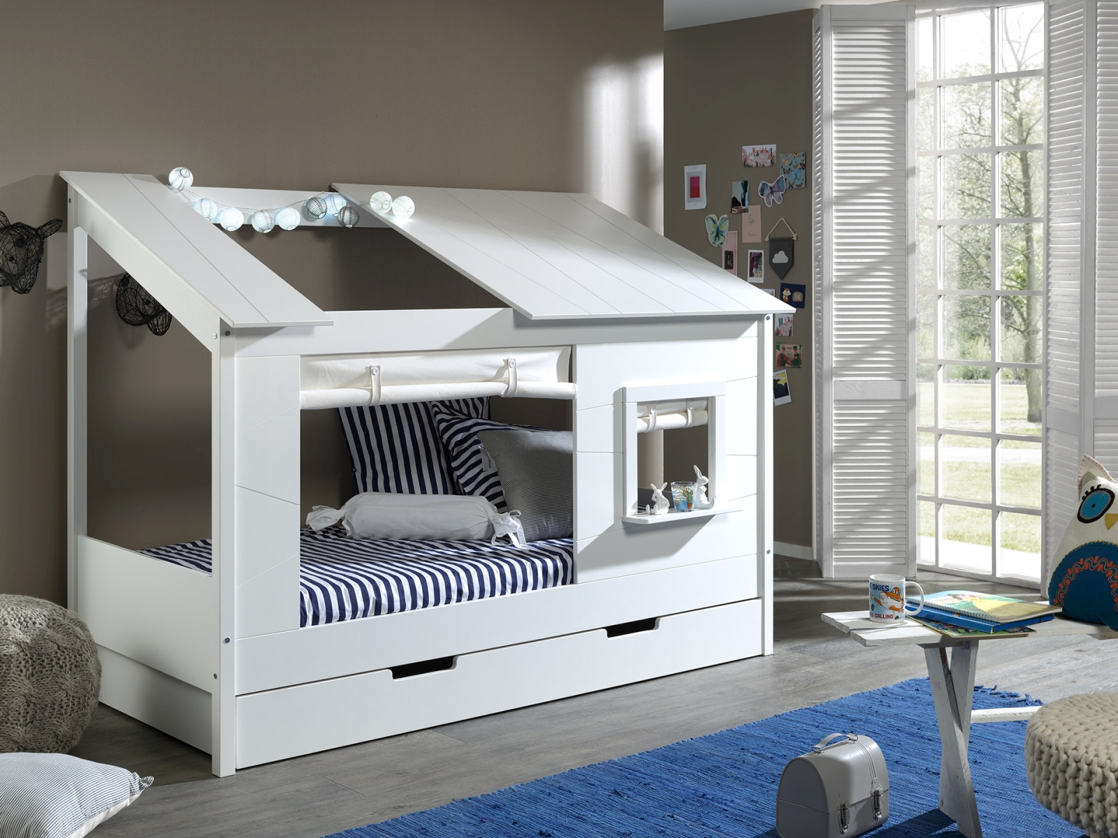 Baumhaus-Bett - weiß - teilmassiv - mit Bettschublade & Vorhang-Set - 90x200 cm