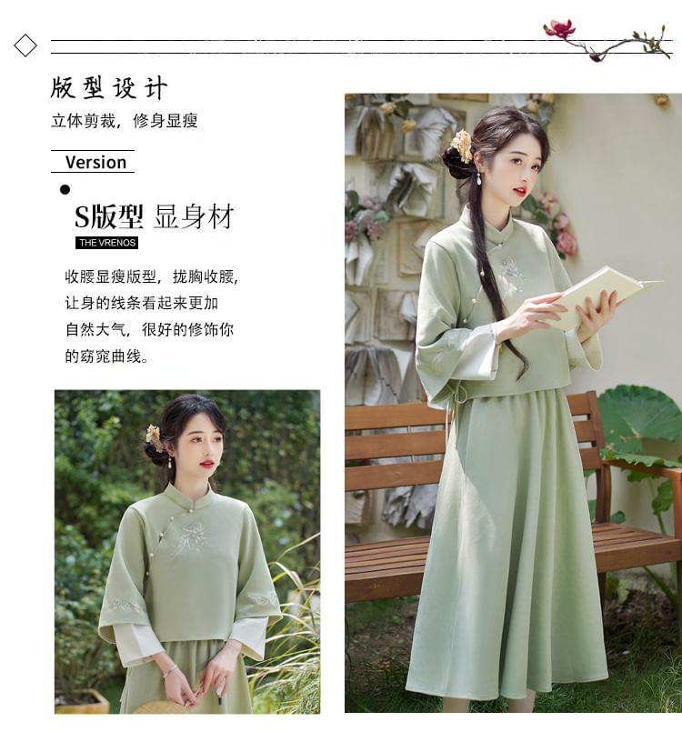 Fioridi - Hanfu-top met lange mouwen, geborduurd bloemenmotief en knopen / A-lijn rok met hoge taille