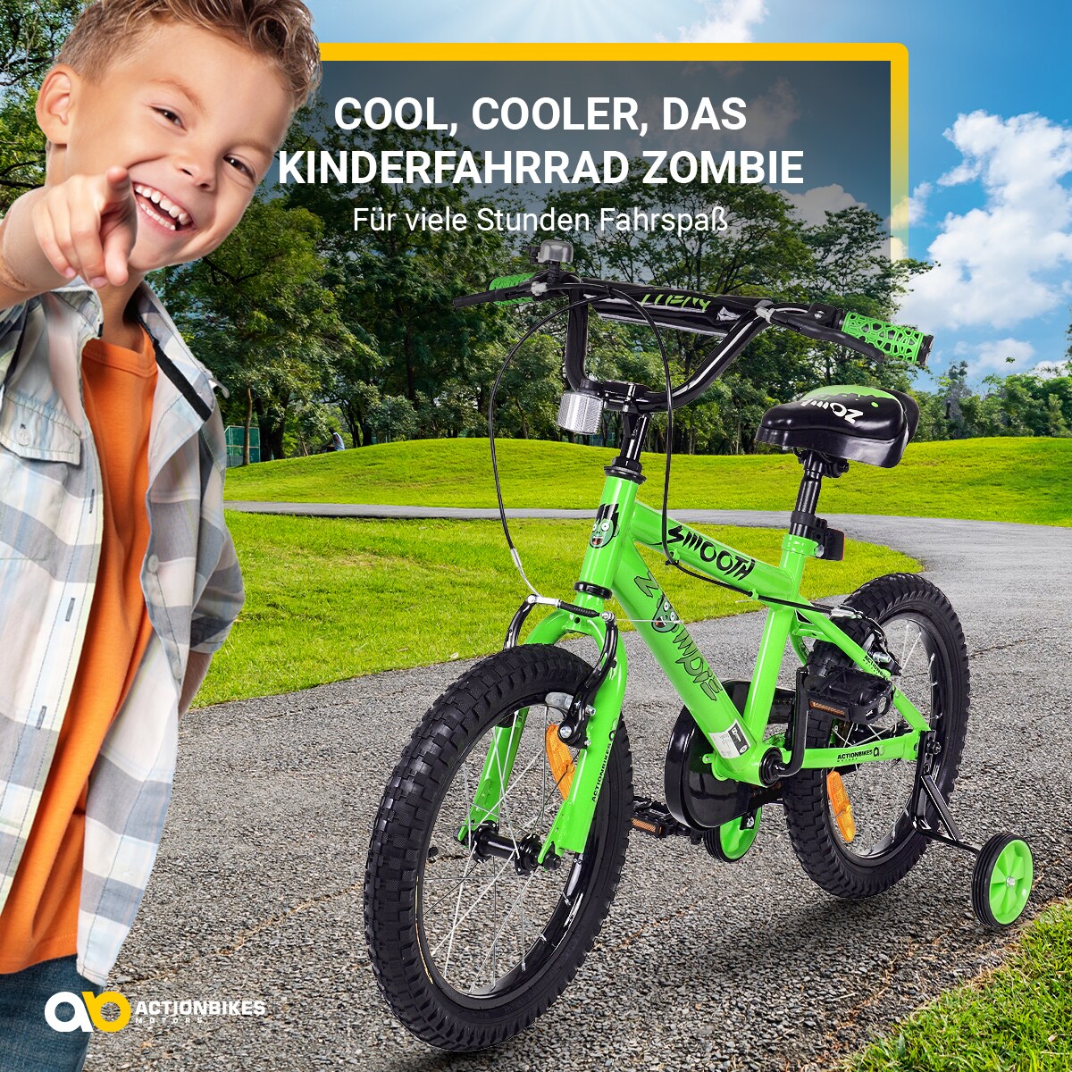 Actionbikes Kinderfahrrad Zombie 16 Zoll, V-Brake-Bremsen, höhenverstellbar, Stützräder, Reflektoren