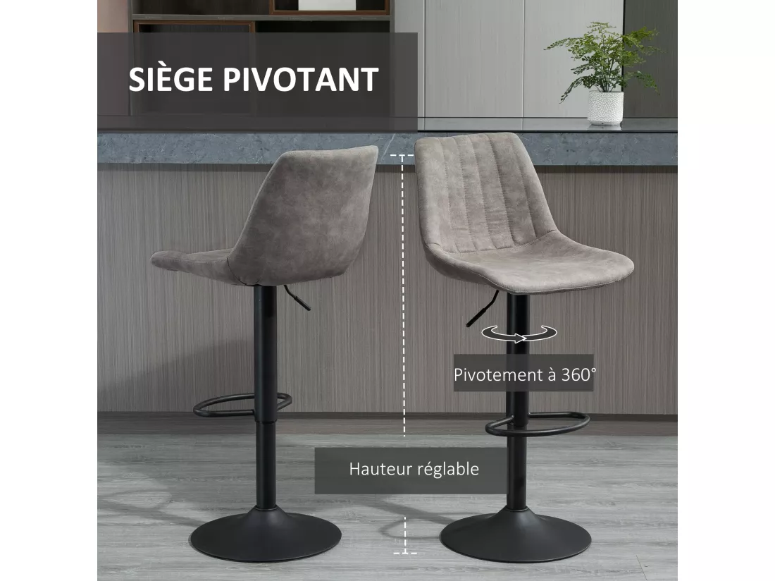 Lot de 2 tabourets de bar style vintage hauteur réglable pivotant repose-pied gris