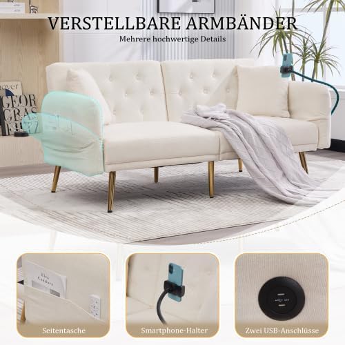 Klappsofa Beige 2-Sitzer mit USB-Anschluss & Seitentasche | Multifunktionales Chenille Sofa für Wohnzimmer, Studenten & Apartment | Schlafsofa mit Verstellbarer Rückenlehne
