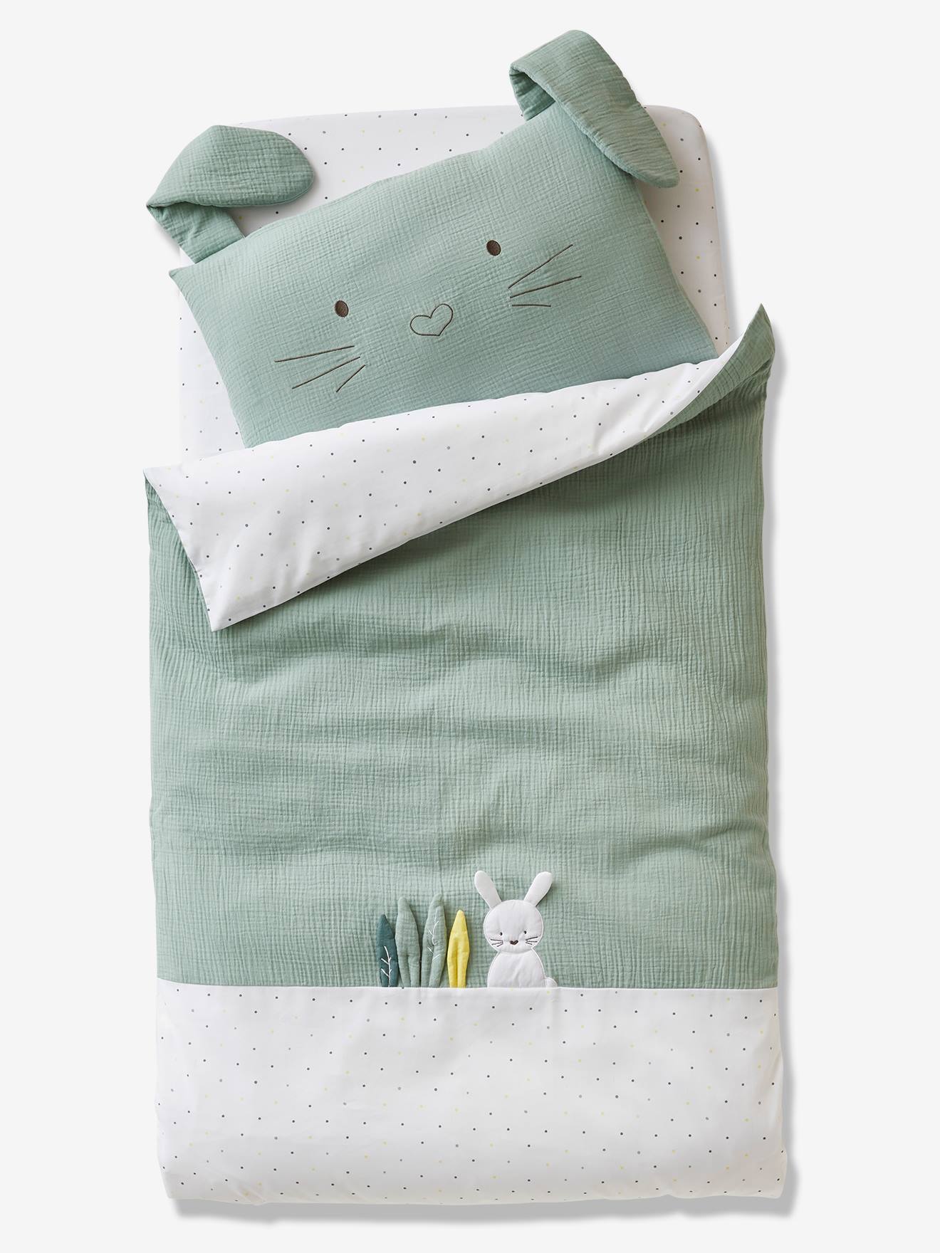 Capa de edredom para bebê com estampa de coelho verde, verde médio, lisa com motivos.