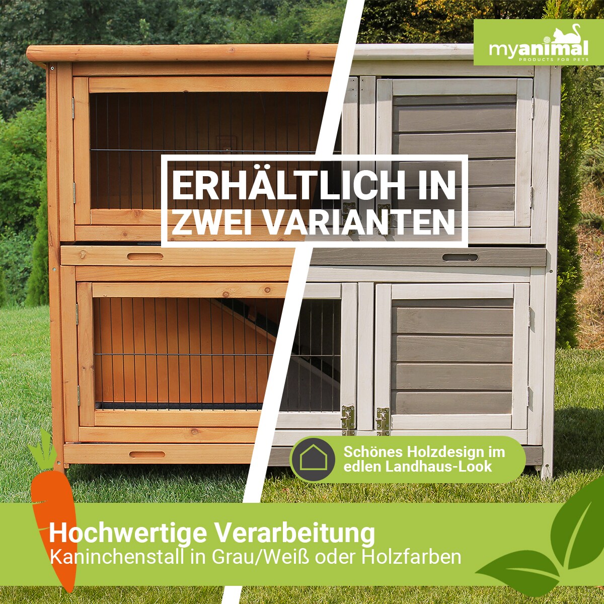 MyAnimal Hasenstall MH-20, 2-stöckig, wetterfest, Kaninchenstall mit 4 Türen, imprägniertes Holz (Braun)