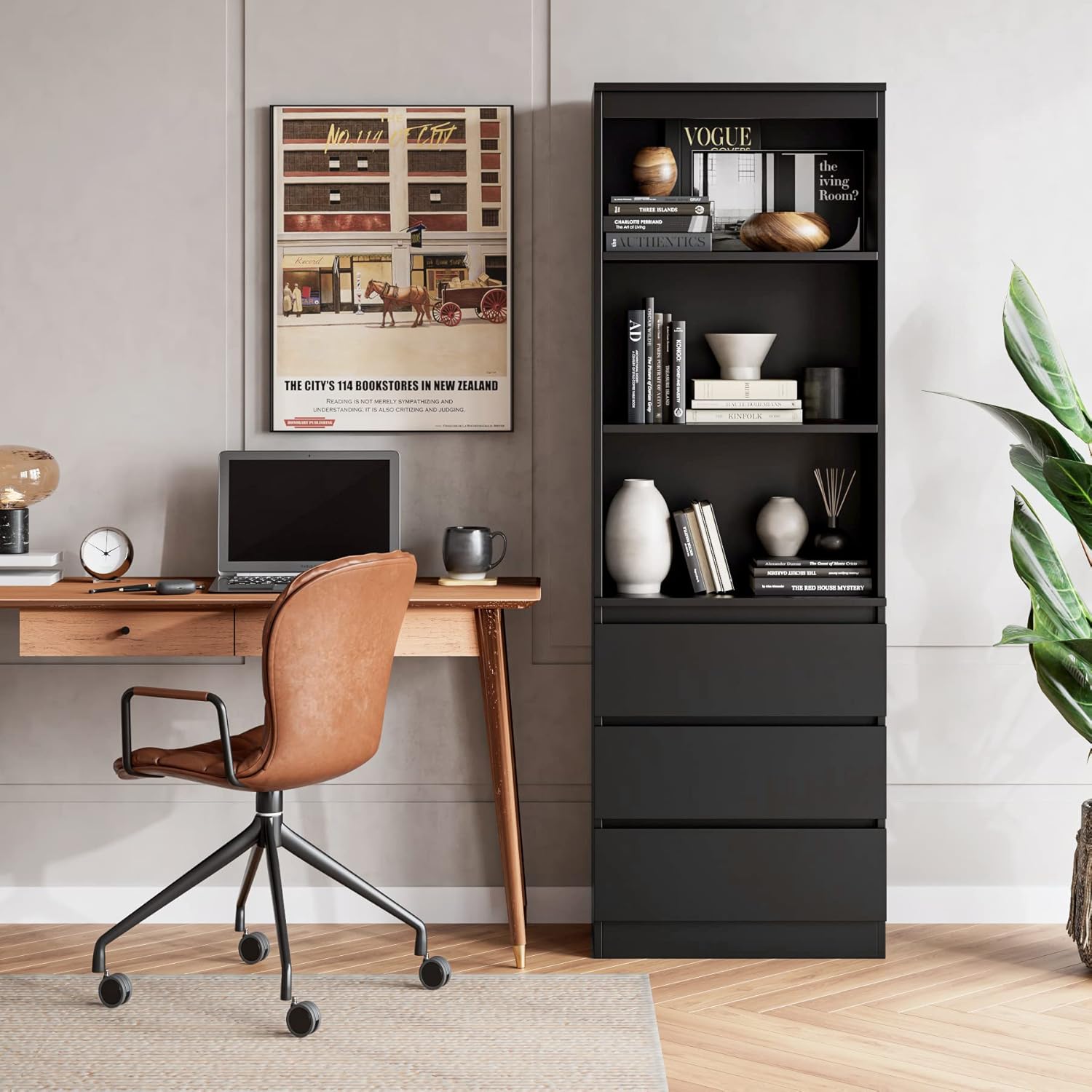 FirFurd Bücherregal mit 3 Schubladen 3 Fächern 180 cm Hochschrank Bücherschrank Vitrinenschrank Mehrzweckschrank für Wohnzimmer Büro Küche 60 x 35 x 180 cm Schwarz