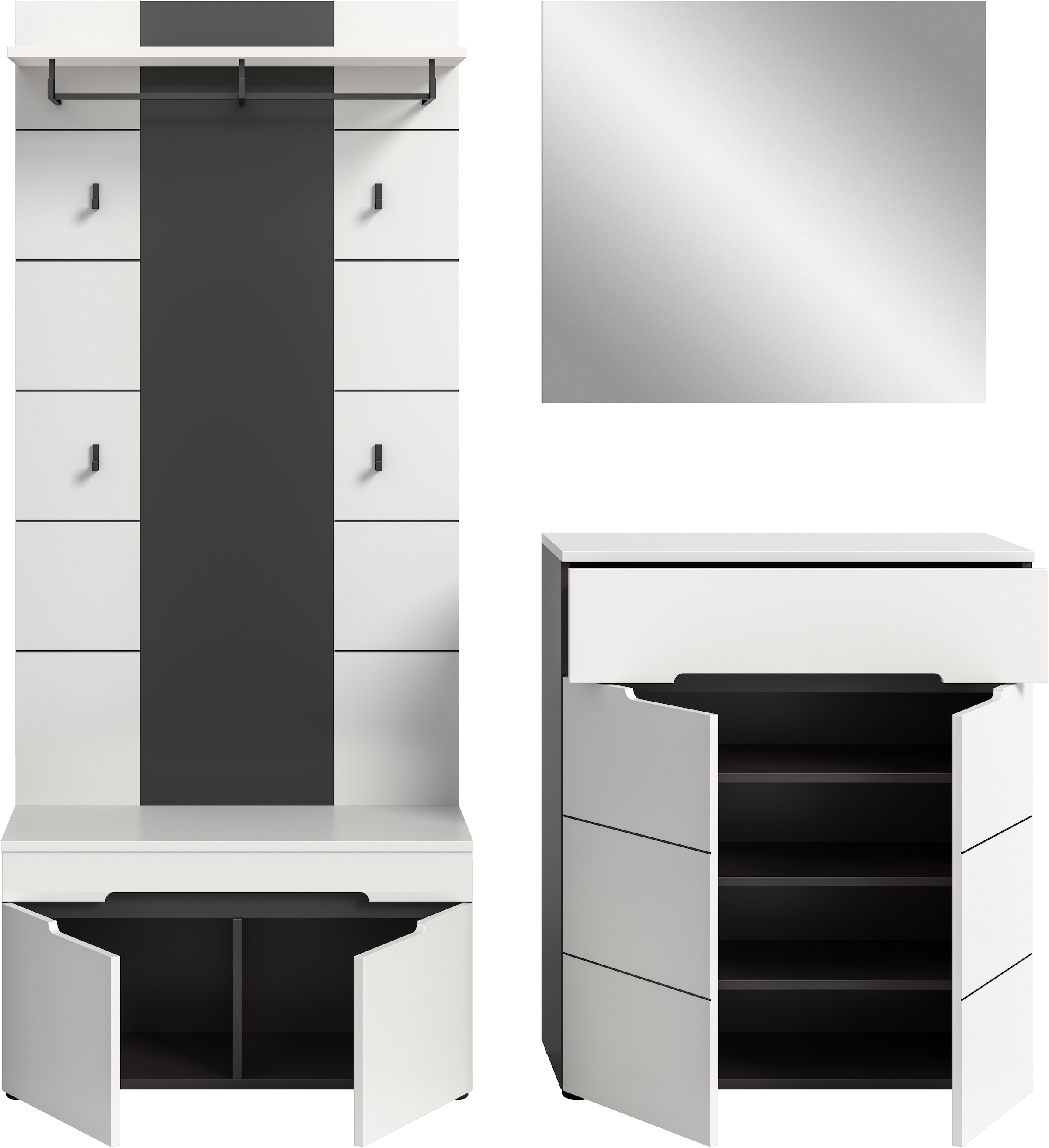 INOSIGN Garderoben-Set »REHAT, TOPSELLER!, 4-teilig, Breite 175 cm, individuell erweiterbar« Set, bestehend aus: Sitzbank, Paneel, Spiegel und Kommode, 4 Stk. tlg.