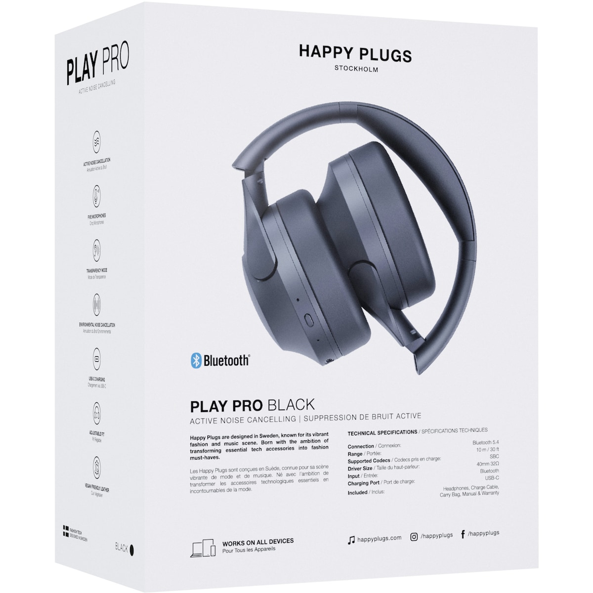 Happy Plugs Play Pro helt trådløse around-ear hodetelefoner (sort)