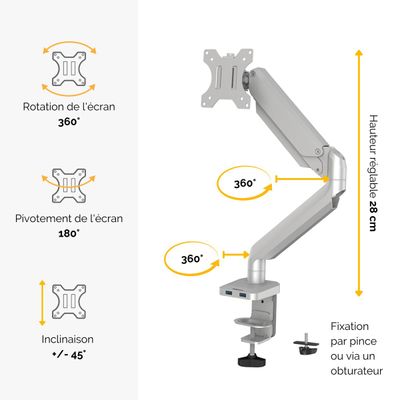 Fellowes Platinum series - Bras porte écran simple réglable - fixation sur bureau - gris